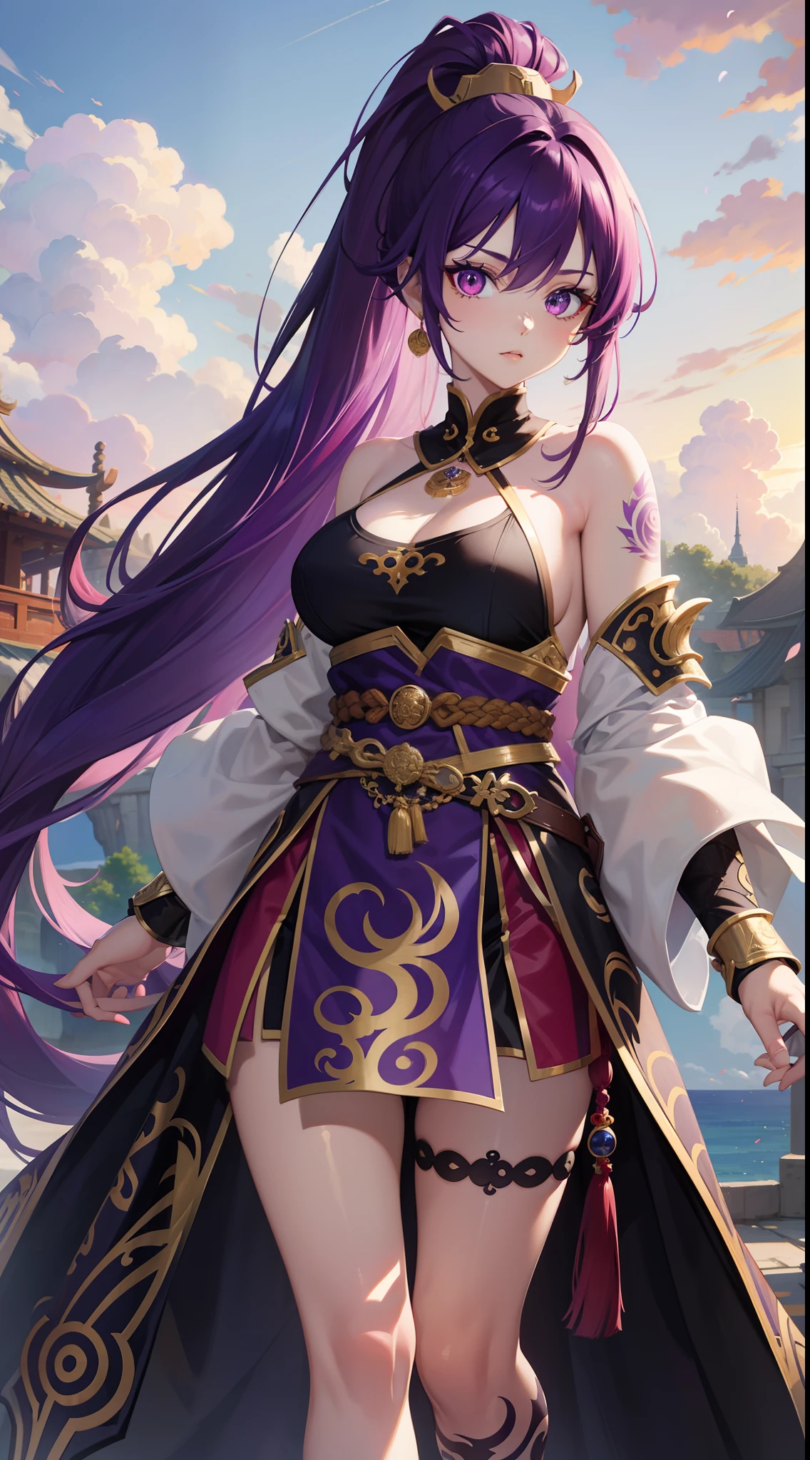 adult girl, long purple hair, Part of the hair is gathered in a high ponytail, Heterochromia, The left eye is purple, Red right eye, big breastes, The Monkey King's Armor, open torso, lots of tattoos, clouds beneath your feet, Masterpiece, hiquality, 4k, HD, Good detail