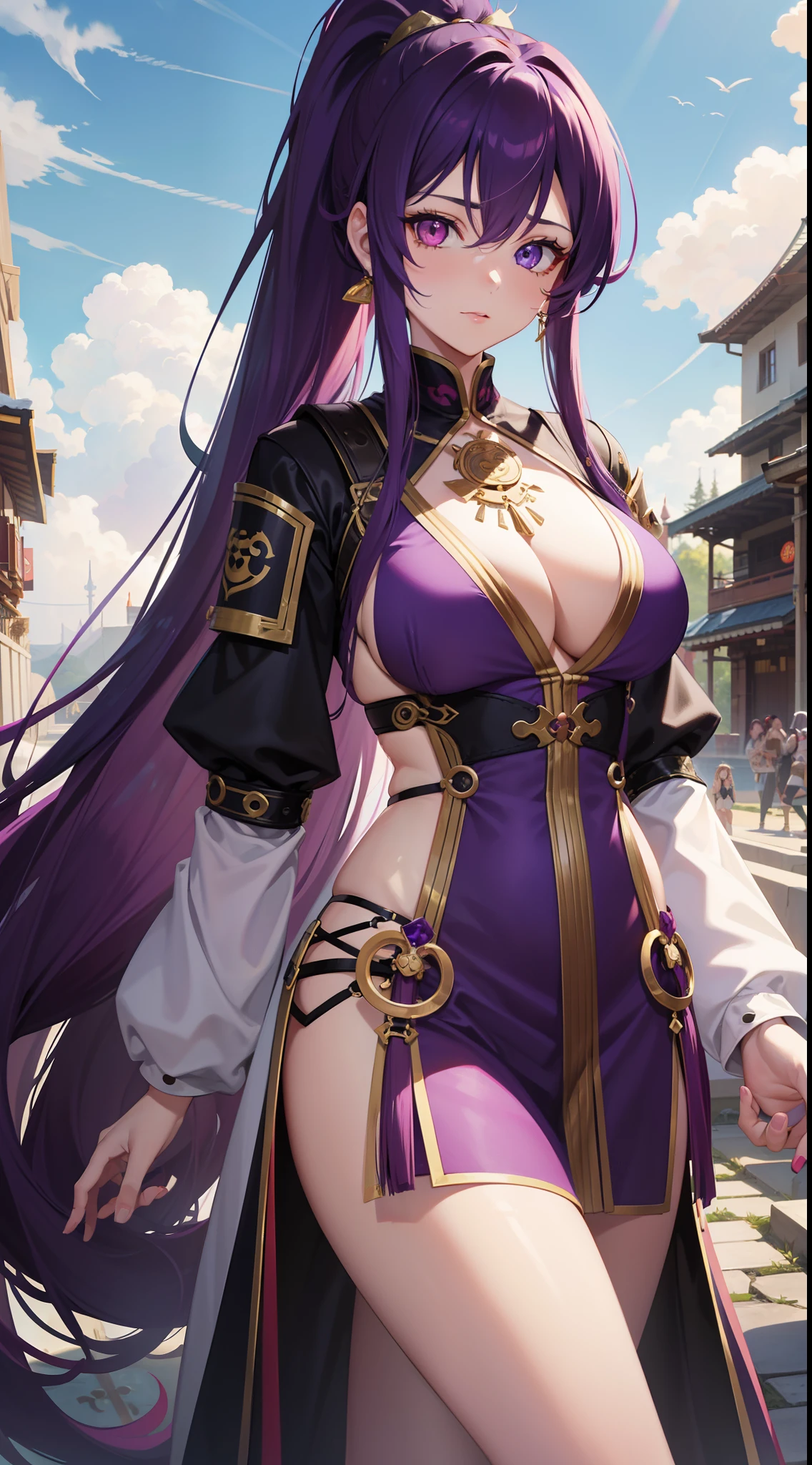 adult girl, long purple hair, Part of the hair is gathered in a high ponytail, Heterochromia, The left eye is purple, Red right eye, big breastes, The Monkey King's Armor, open torso, lots of tattoos, clouds beneath your feet, Masterpiece, hiquality, 4k, HD, Good detail