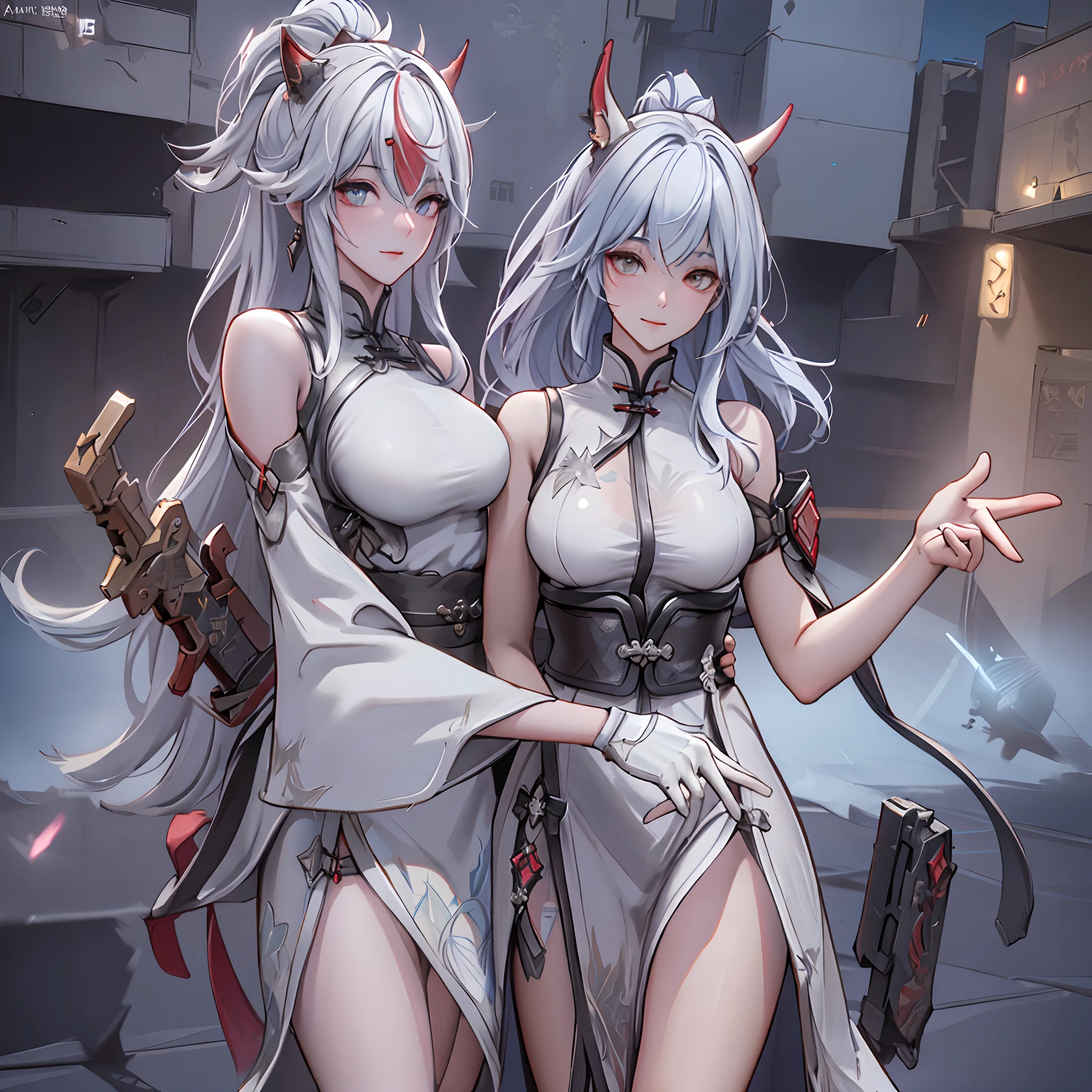 an alone girl with long red color slice gray hair , eye sleep, on the bed, inside china room style, china city , night time, High detail mature face, 2 short mechanic horn , mouth mask, bare leg, bare shoulder, white china dress, white glove, black boot, high res, ultra sharp, 8k, masterpiece, smiling, assault rifle on the girl side, fantasy world, magical radiance background ((Best quality)), ((masterpiece)), 3D, HDR (High Dynamic Range),Ray Tracing, NVIDIA RTX, Super-Resolution, Unreal 5,Subsurface scattering, PBR Texturing, Post-processing, Anisotropic Filtering, Depth-of-field, Maximum clarity and sharpness, Multi-layered textures, Albedo and Specular maps, Surface shading, Accurate simulation of light-material interaction, Perfect proportions, Octane Render, Two-tone lighting, Wide aperture, Low ISO, White balance, Rule of thirds,8K RAW, Aura, masterpiece, best quality, Mysterious expression, magical effects like sparkles or energy, flowing robes or enchanting attire, mechanic creatures or mystical background, rim lighting, side lighting, cinematic light, ultra high res, 8k uhd, film grain, best shadow, delicate, RAW, light particles, detailed skin texture, detailed cloth texture, beautiful face, (masterpiece), best quality, expressive eyes, perfect face,