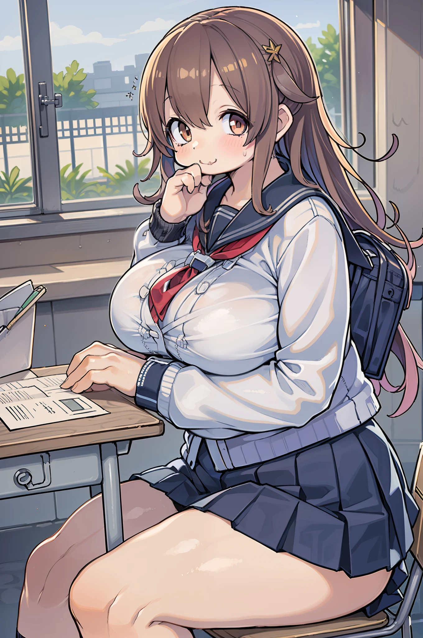 ((masutepiece, Best Quality)),Best aesthetic,1girl in, School uniform, desk work, Sitting, School Desk, Brown hair, crass room, Long hair, Indoors, Chair, Looking at Viewer, :P, Solo Focus, Brown eyes, Skirt, Long sleeves, Pencil, 1 boy, pencil case, paper, black serafuku, Multiple girls, Pleated skirt, Sailor collar, Bangs, head rest, School bag, school chair,huge-breasted、bbw、thick thight、big butts
