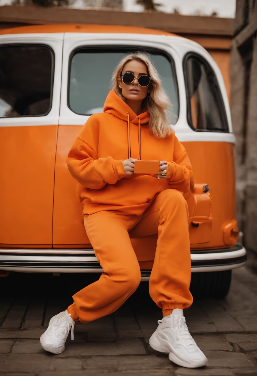 blond woman in orange hoodie sitting on a white chair, wearing orange sunglasses, long orange sweatshirt, orange hoodie, warm color clothes, orange color tone, woman in streetwear, orange sunglasses, wearing an oversized hoodie, orange hue, orange tones, she is wearing streetwear, white and orange, orange jacket, girl wearing hoodie, wearing a yellow hoodie, orange extremely coherent