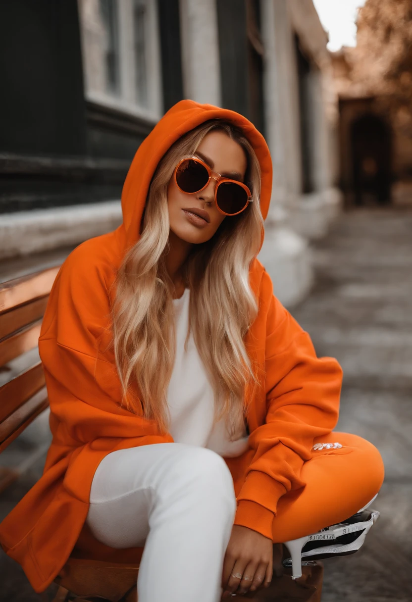blond woman in orange hoodie sitting on a white chair, wearing orange sunglasses, long orange sweatshirt, orange hoodie, warm color clothes, orange color tone, woman in streetwear, orange sunglasses, wearing an oversized hoodie, orange hue, orange tones, she is wearing streetwear, white and orange, orange jacket, girl wearing hoodie, wearing a yellow hoodie, orange extremely coherent