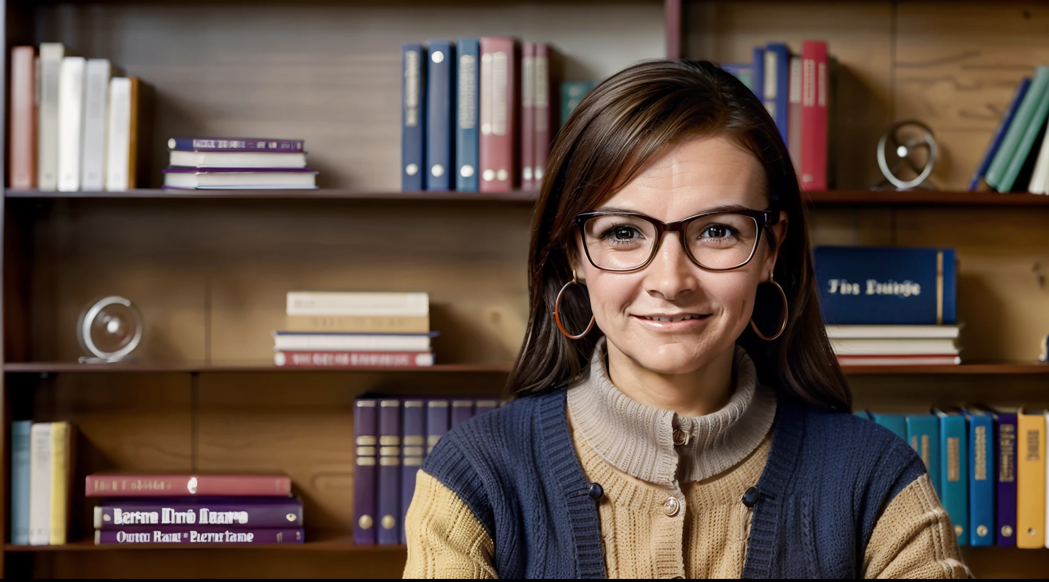 Generate a bust portrait image of a sympathetic librarian, wearing glasses and a sweater. She holds a colorful children's book with one hand, while her other hand is pointing at the bookshelf behind her. Her welcoming smile reflects her passion for sharing stories.