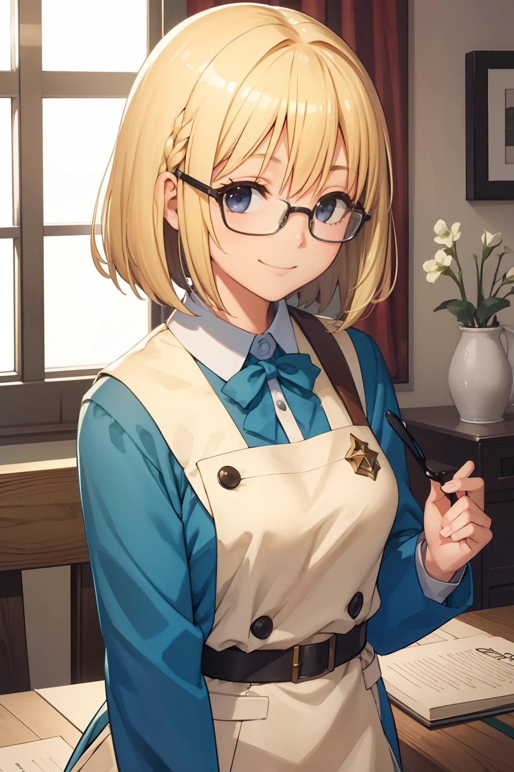 ​masterpiece, top-quality, 1girl in, Girl in Uniform,hair adornments, bob cuts, shorth hair, blonde  hair, A smile,Black glasses,