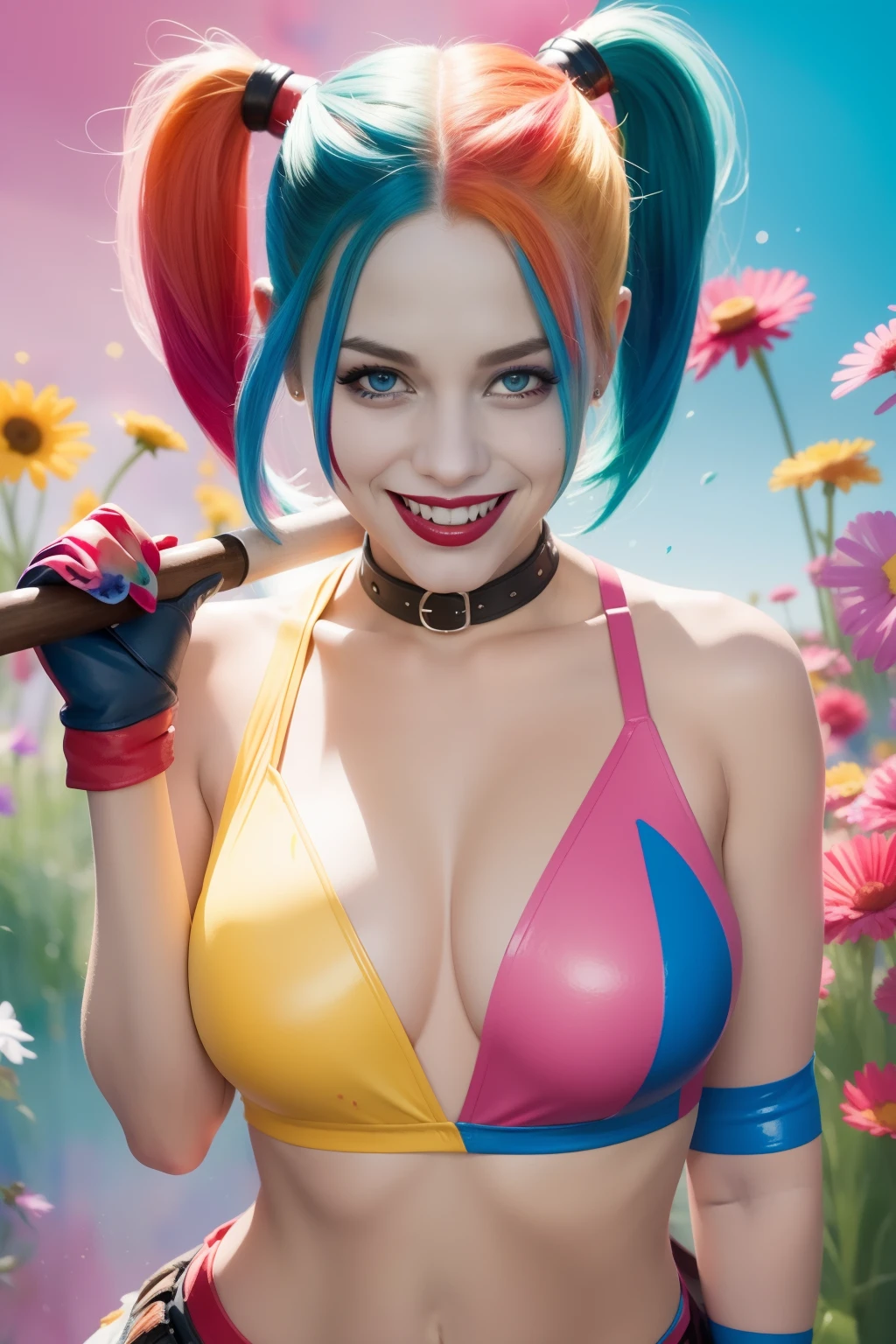 Harley Quinn, colorful, smiling, watercolor background, colorful splash, big breast, posing with a walking stick in the left hand, right hand holding a flower