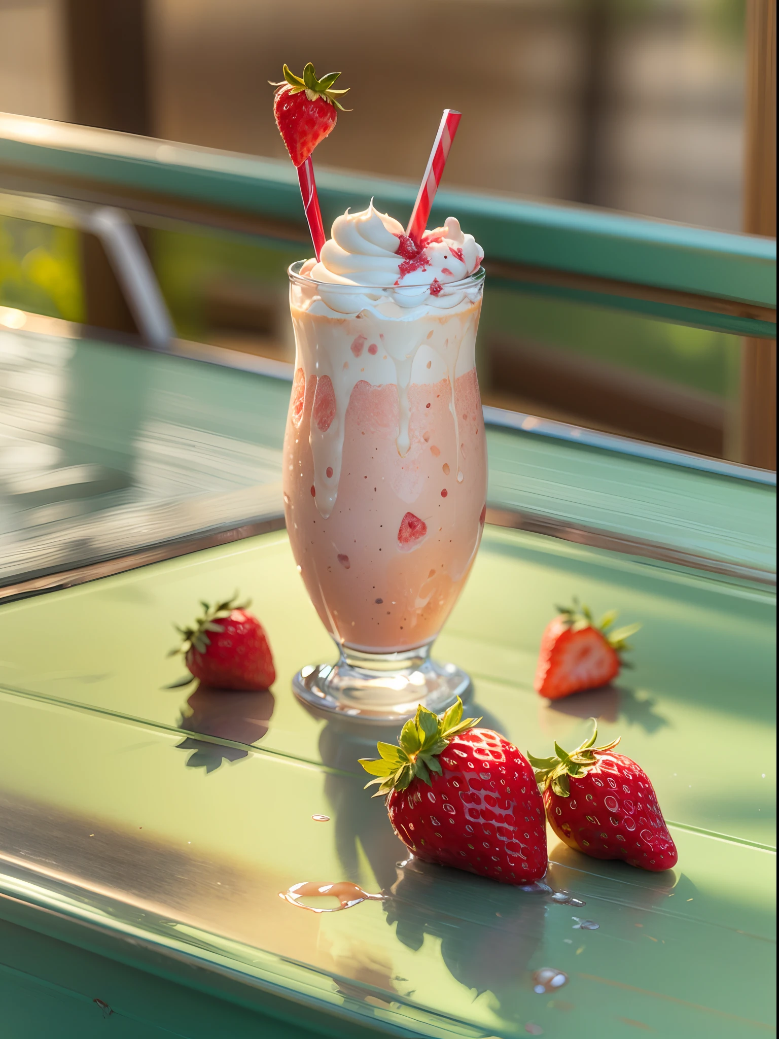 (an elegant glass of strawberries milkshake, cream on top,a small slice of strawberries on top, red syrup, shiny under the sunlight,desk outside on a sunny day) .