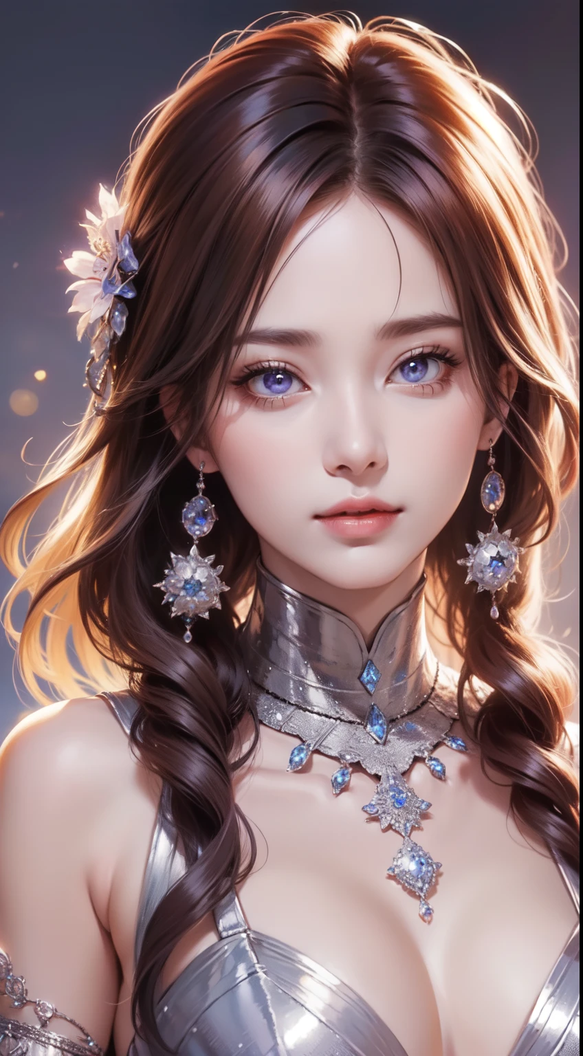 tmasterpiece，Highest high resolution，((themoon))，Dynamic bust of a beautiful aristocratic maiden，elegantly coiled brown chestnut hair，Purple clear eyes，Hair is covered with beautiful and delicate floral craftsmanship, Crystal Jewelry Filigree，Ultra-detailed details，upscaled，The Earth Rises。