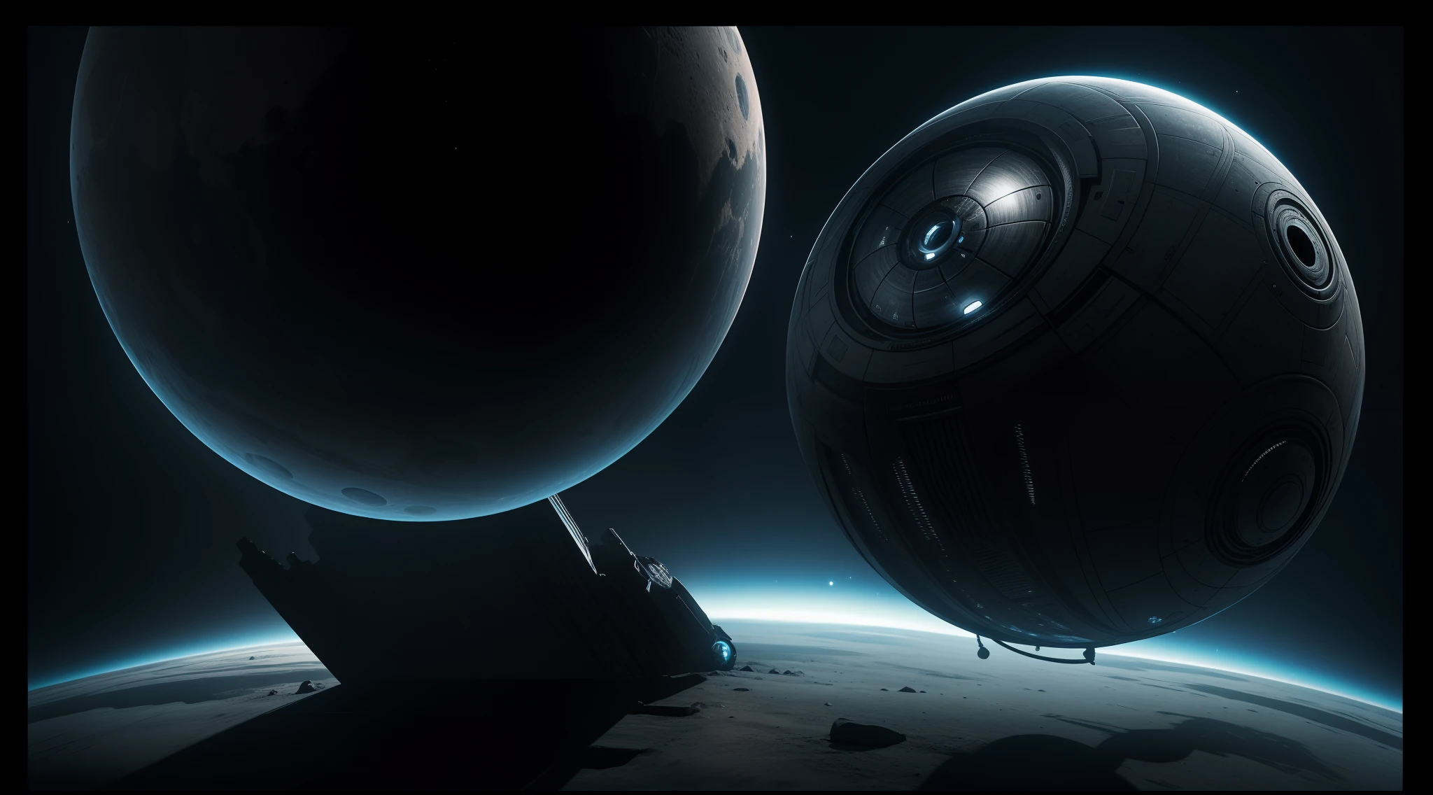 biomechanics black planet H.r. Giger. gigante. 8K High Resolution, realistic photograph, alto detalles, Alien, strange world, esfera estilo H.R. Giger. metales opacos, detalles altos de las texturas, escrituras alien. Alto contraste en las texturas, High-precision inserts and joints, esfera irreal del estilo, black background with cold mists, Biomechanical sphere seen in space, alto contraste 8K de las texturas. Nave espacial, obra maestra, nave robusta, fuerte, oscura, film lighting