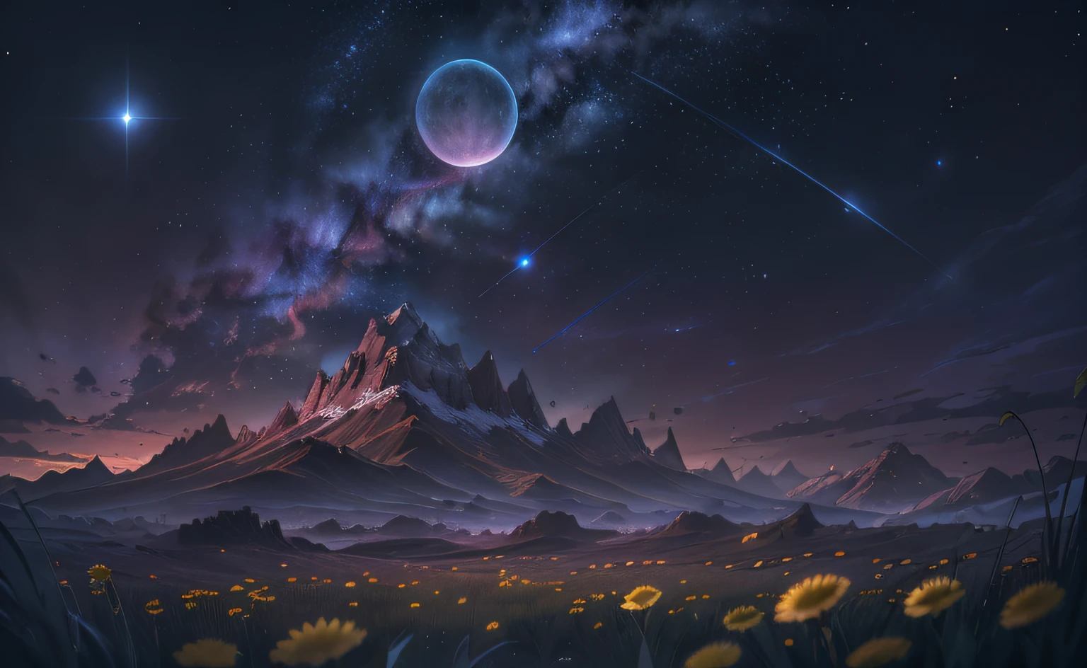 (Absurd, Cinematic, UHD, tallest, ultra detailed, ultra detailed), dark purple sky, nebula in the sky, last 5 in the sky, big moon in the sky, shooting star, dandelion field, mountain, oil painting, detailed dandelion field, detailed sky, sunset, unreal engine 4k wallpaper