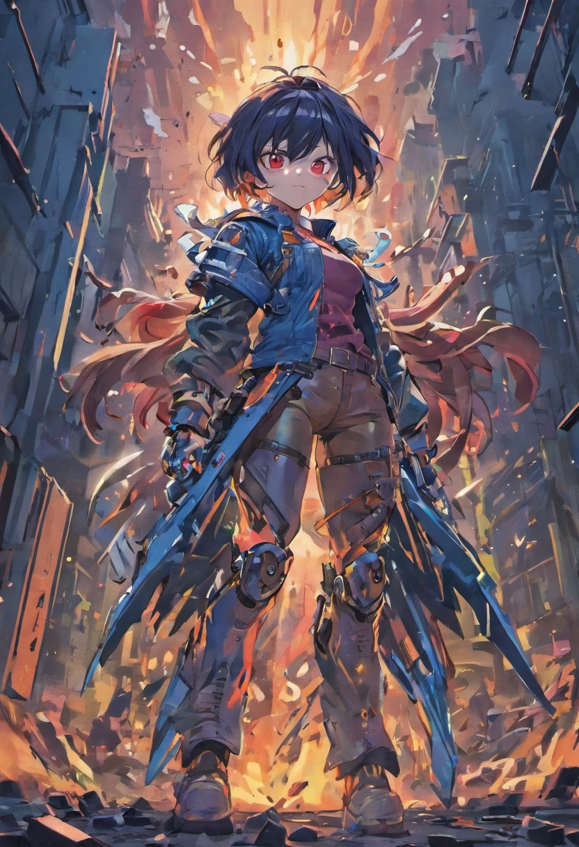 (best quality,ultra-detailed,realistic:1.37)alita battle angel,denim jacket,portraits,high contrast lighting,blue color tone,helmet,mechanical suit,expressive face,dark background,scars on face,red eyes,red hair,sharp focus,badass attitude,weapon sparks,flying debris,cracked earth,gaping wound on arm,blood splatters,broken weapons,heavy smoke and dust,action-packed,post-apocalyptic world,mutation,metallic textures,ruins,roaring flames,dynamic composition,warrior spirit,fierce determination,heroic pose,dominance,triumphan