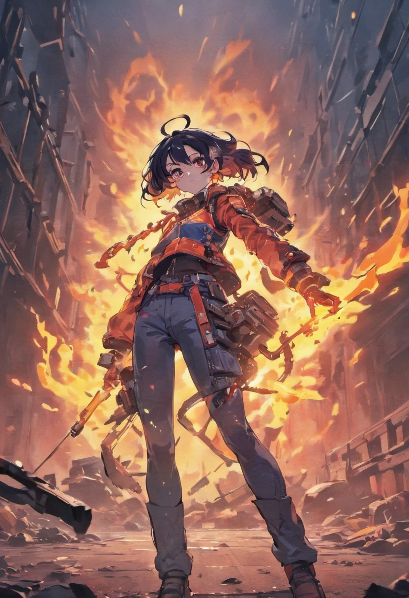 (best quality,ultra-detailed,realistic:1.37)alita battle angel,denim jacket,portraits,high contrast lighting,blue color tone,helmet,mechanical suit,expressive face,dark background,scars on face,red eyes,red hair,sharp focus,badass attitude,weapon sparks,flying debris,cracked earth,gaping wound on arm,blood splatters,broken weapons,heavy smoke and dust,action-packed,post-apocalyptic world,mutation,metallic textures,ruins,roaring flames,dynamic composition,warrior spirit,fierce determination,heroic pose,dominance,triumphan