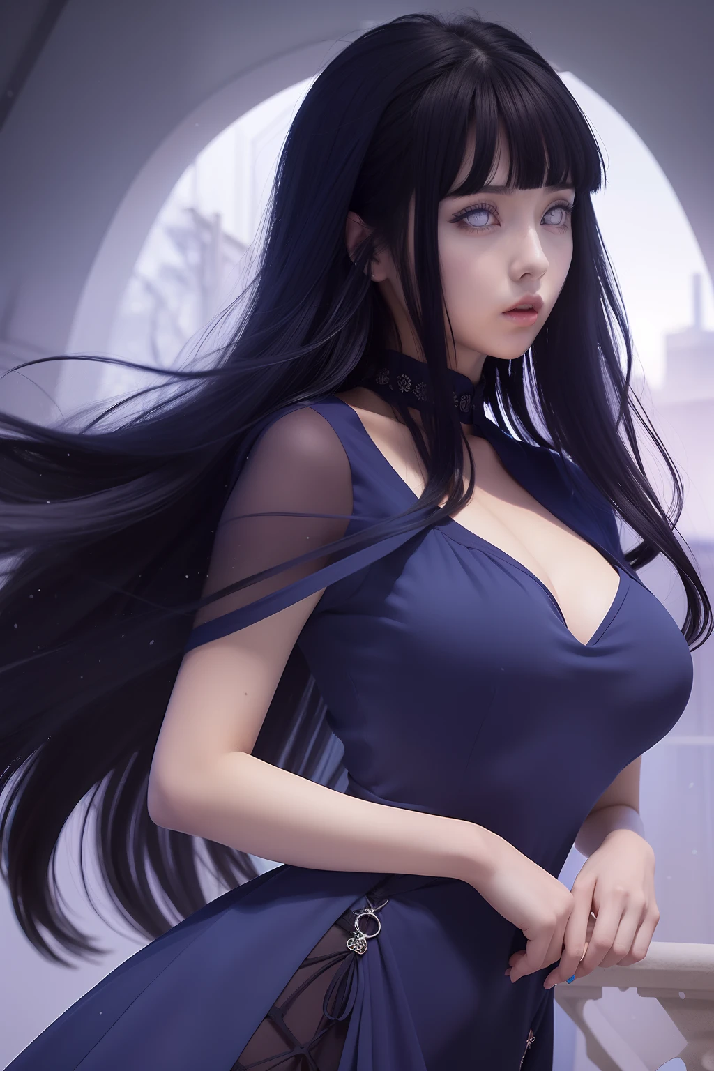 Hinata hyuga A woman was standing in the balcony. She was wearing a dark-blue dress. And black. His hair was blue. Straight. Long. Unattached. He had a white as snow. With her rosy cheeks. And those little red lips. He looked straight ahead. Looking so pretty and realistic