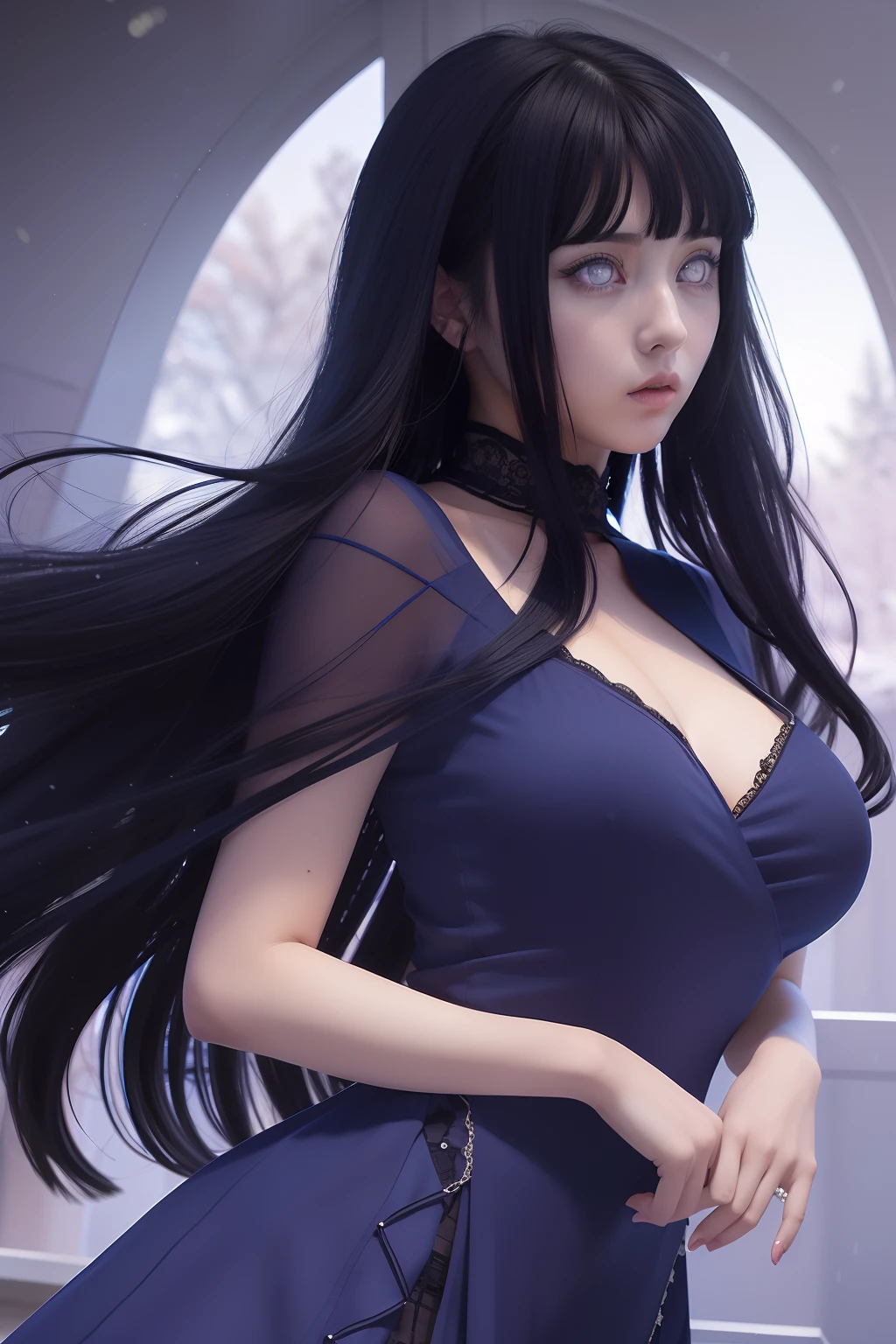 Hinata hyuga A woman was standing in the balcony. She was wearing a dark-blue dress. And black. His hair was blue. Straight. Long. Unattached. He had a white as snow. With her rosy cheeks. And those little red lips. He looked straight ahead. Looking so pretty and realistic