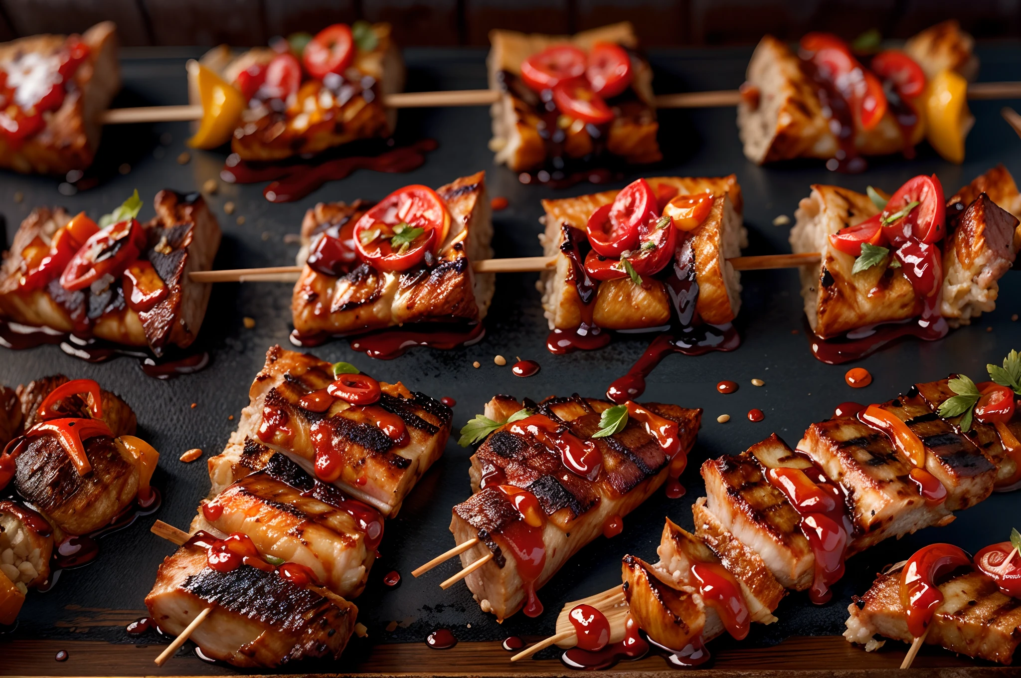 (best quality, highres), perfectly cooked grilled meat skewers, perfect brown color, shiny oil on the meat, hot sauce, ketchup, appetizing, mouthwatering, sizzling sounds, smoky aroma, tantalizing presentation, juicy and tender, flavorsome, deliciously charred edges, succulent texture, savory seasoning, grilled to perfection, BBQ vibes, char-grilled goodness, tempting aroma, irresistible meaty goodness, gourmet delicacy