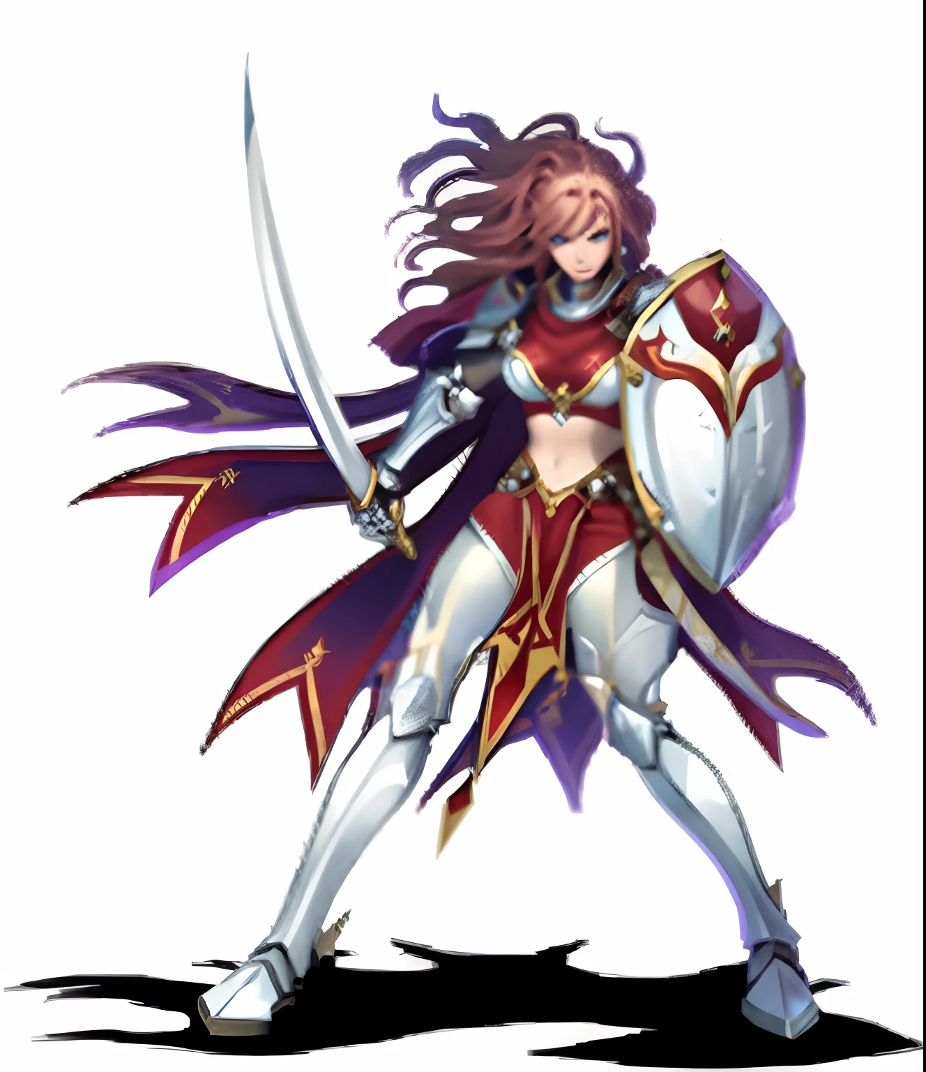 (masterpiece:1.2), (highest quality:1.2), 1girl, solo, purple-hair, long-hair, shield, breasts, weapon, armor, cleavage, large-breasts, polearm, helmet, open-mouth, lance, smile, boots, purple-eyes, gauntlets, very-long-hair, thighhighs, blue-eyes, full-body, red-armor, looking-at-viewer, :d, blush, thigh-boots, simple-background, armored-boots, spear