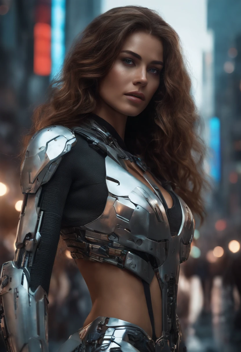 In a futuristic metropolis, Cyborg Girl, Her clothes were torn to shreds, Standing against the backdrop of towering holographic billboards, In a sea of bustling crowds, It shows the fusion of man and machine in the cyberpunk world, digital art, High-resolution rendering, beautiful , model, beautiful model, gun, Detailed clothes, detailed face, A detailed eye, Detailed eyes, wavy hair, messy hair, 8K UHD