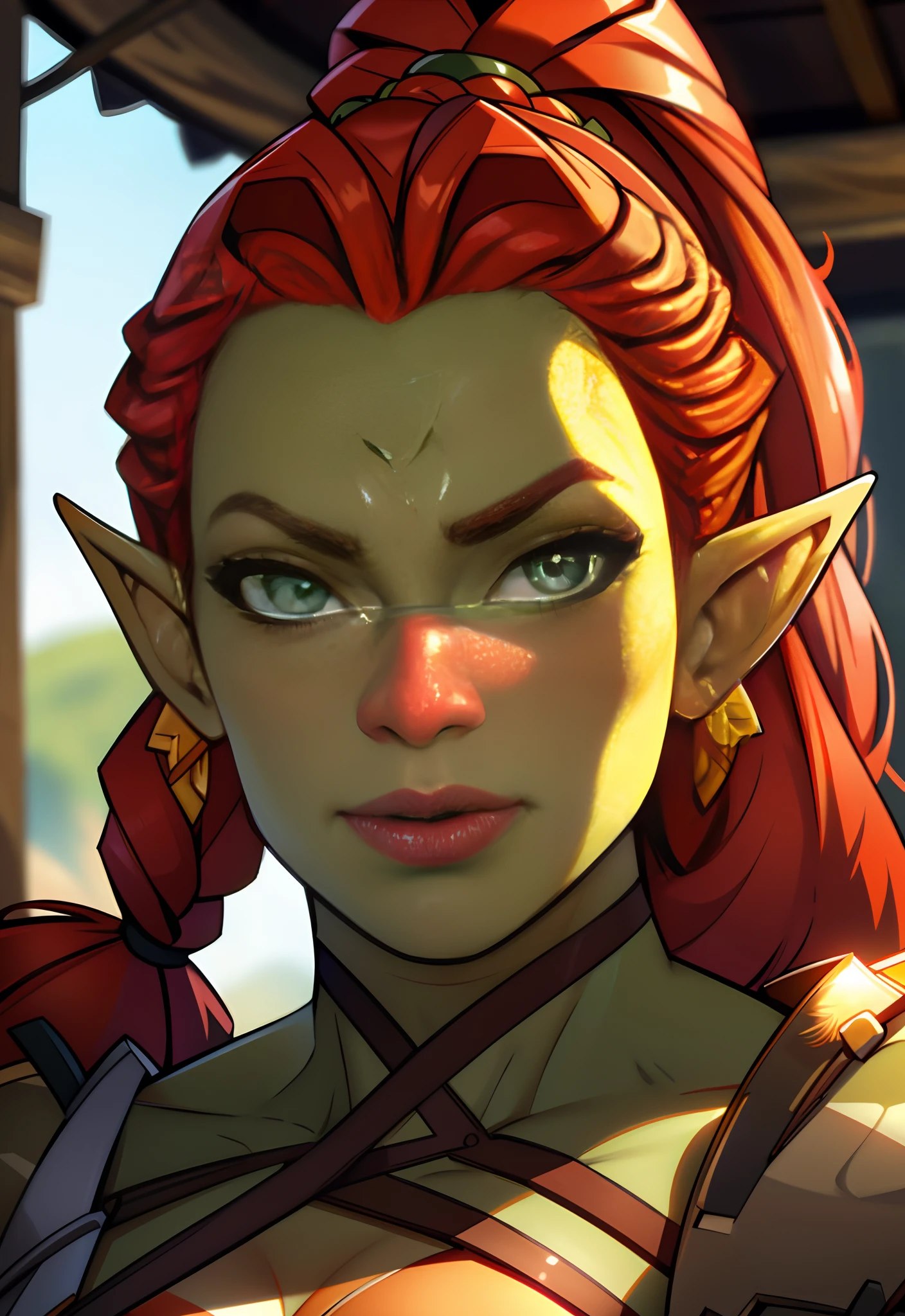 beautiful, (masterpiece:1.2), (best quality:1.2), perfect lighting, sharp focus, A close up face portrait of a gorgeous redhead orc lady
1girl, solo, highly detailed face, high detail eyes, perfect eyes, perfect face, looking up at her, orc, orc girl, olive green colored skin, (tusk:1.4), mature orc girl, abs, toned, Muscular, long red braids, Bored expression.