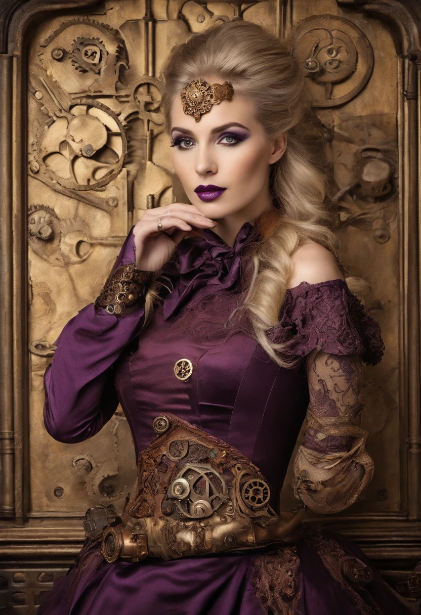 blond girl,Two ponytails,Wearing a purple gothic dress,Leaning against the wall,Chest straight,Has purple pupils