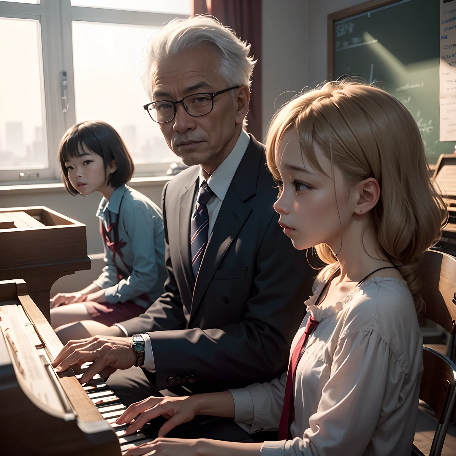 In bright classrooms，（An older Asian male teacher teaches two elementary school students to play the piano：1.5），The teacher's face is full of the vicissitudes of time，Full of silver hair，Watch your classmates smile toothyly，Sunlight shines through the window on the teacher's face，pianos，((Best quality, A high resolution, Masterpiece:1.2)), Clear facial features, Optimized details,8K,cinematic Film still from.