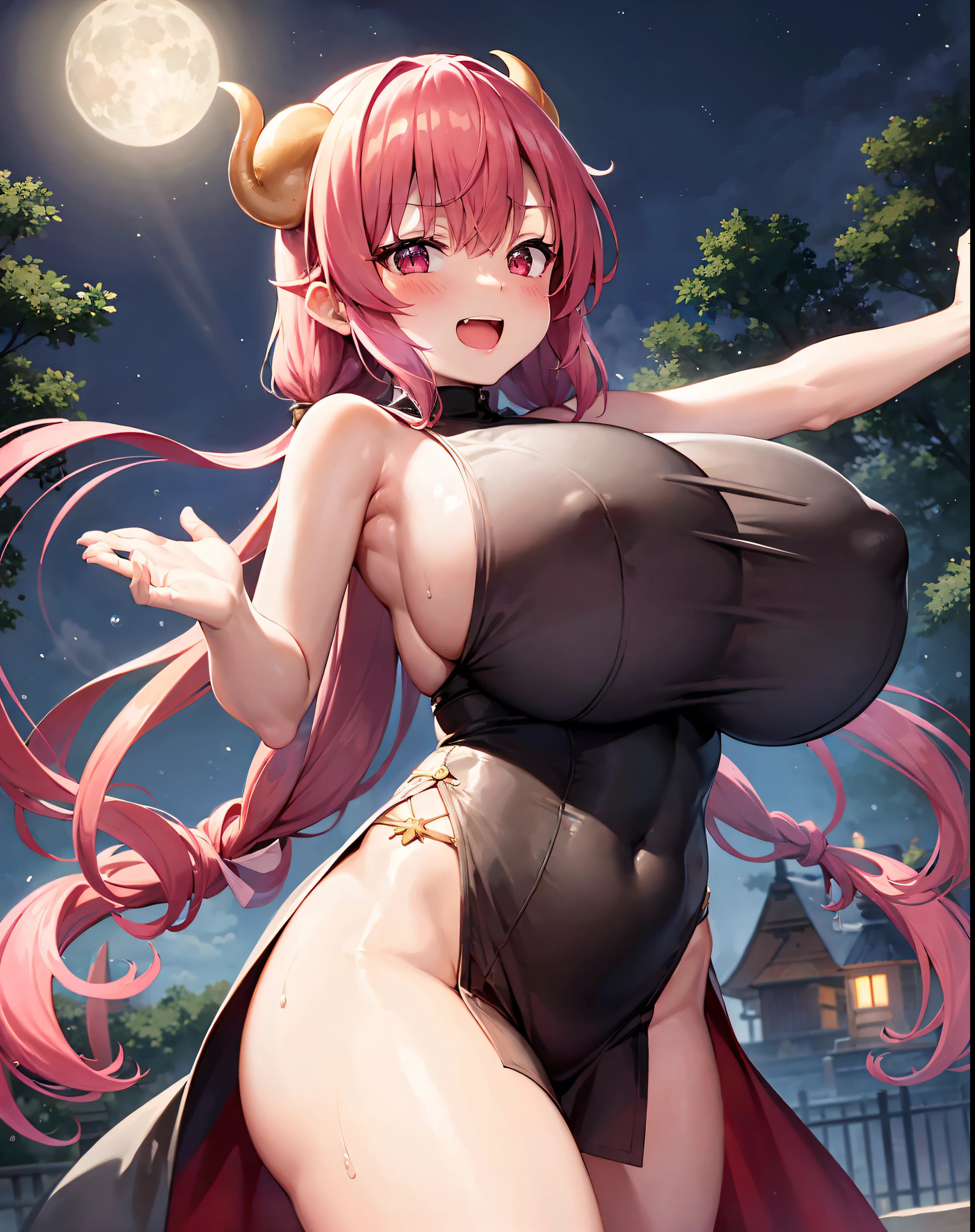 masterpiece、hightquality、top-quality、tusk, skinFang,ilulu\(maidragon\),ilulu, 1girl in, 独奏, looking at the viewers, red blush, A smile, open open mouth, (Shiny skin:1.2),(Colossal :1.8)、(absurdly huge brea)、drooping chest, (Monastic uniforms), Sister、Wet and see-through、erectile ni细致背景, (chwet,a moon、nigh sky、stele、Arms behind your head, Raise your arms,Crab stocks、open one's legs