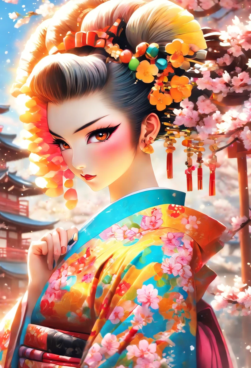 The most beautiful punk rock geisha, rainbow colored hair, yellow eyes, wearing a highly detailed kimono, tattoos and piercings, cherry blossoms blowing in the wind, Tokugawa castle, perfect masterpiece, high quality, high resolution