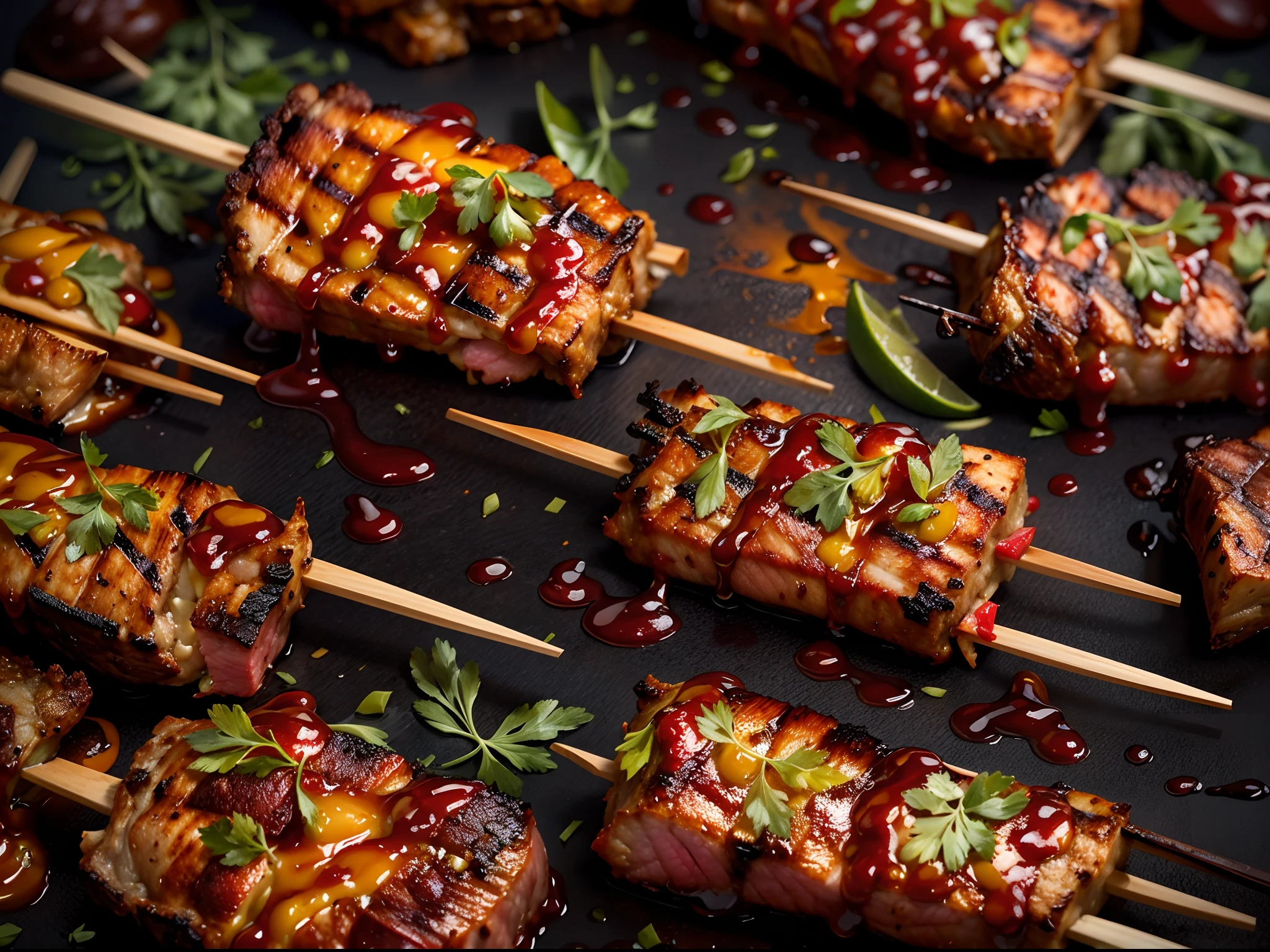 (best quality, highres), perfectly cooked grilled meat skewers, perfect brown color, shiny oil on the meat, hot sauce, ketchup, appetizing, mouthwatering, sizzling sounds, smoky aroma, tantalizing presentation, juicy and tender, flavorsome, deliciously charred edges, succulent texture, savory seasoning, grilled to perfection, BBQ vibes, char-grilled goodness, tempting aroma, irresistible meaty goodness, gourmet delicacy