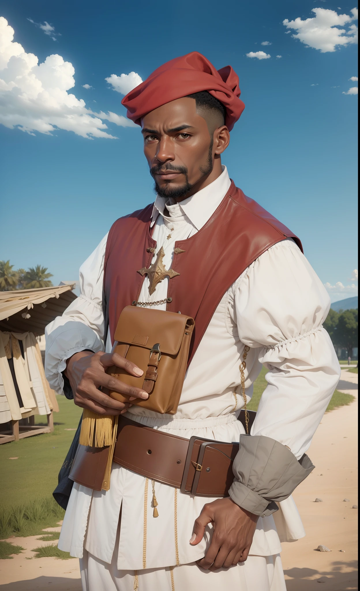 Black Interpreter, European, 16th century, renaissance, age of exploration, age of 50, dedicate clothes, thin,delicate, passersby face, npc face, mediocre,Featureless, not impressive