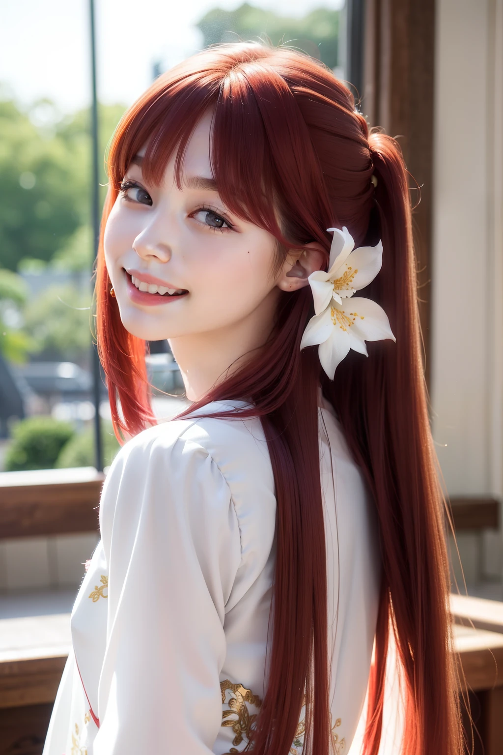 from the front side、Red hair、Long hair、Side tail、bustshot、Hair tied at the side、Princess、robe blanche、floral embroidery、Open your mouth and laugh out loud、A smile、Looking from the front、