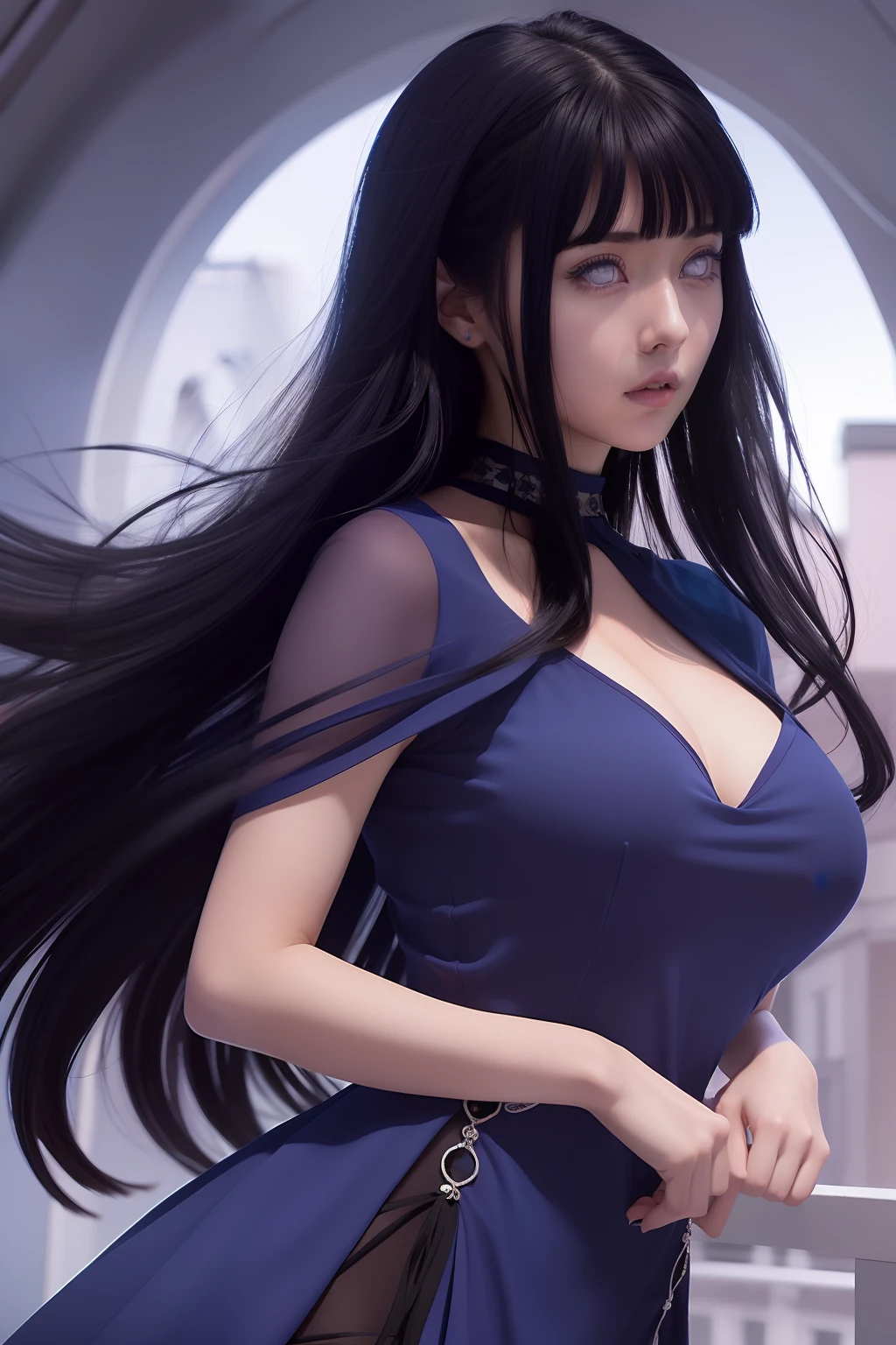 Hinata hyuga A woman was standing in the balcony. She was wearing a dark-blue dress. And black. His hair was blue. Straight. Long. Unattached. He had a white as snow. With her rosy cheeks. And those little red lips. He looked straight ahead. Looking so pretty and realistic
