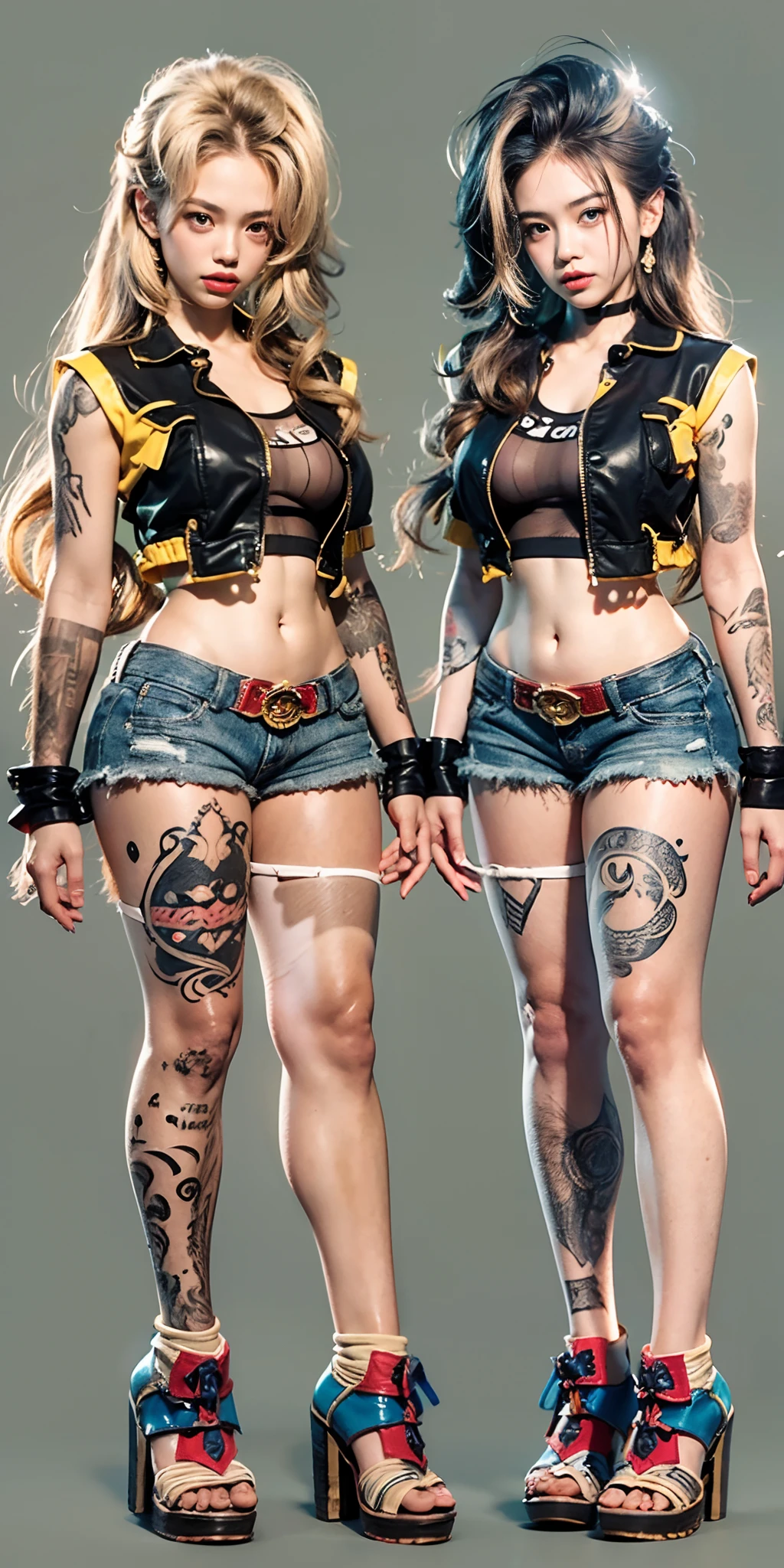 1个Giant Breast Girl,pretty japanese girl ,Real human face,The legs are slender,There are abs,(full bodyesbian:1.5),((Girl):1.4),(anatomy correct:1.3),(Standontheground:1.2),( Girls pointed-toe thick heels :1.1),(foot ring:1.3),(Accurate and perfect face:1.3),(tattoo all over body,tattoos on the arms,Tattoo on the chest,leg tattoos),hyper HD, Ray traching, reflective light, structurally correct, Award-Awarded, High detail, Fade-in and fade-out shadow contrast, Face lighting ,Cinematic lighting, Masterpiece, super detailing, High quality, High detail, Best quality, 16k,High contrast,