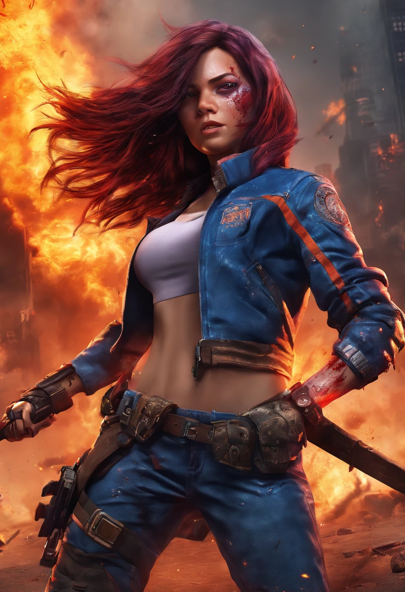 (best quality,ultra-detailed,realistic:1.37)alita battle angel,denim jacket,portraits,high contrast lighting,blue color tone,helmet,mechanical suit,expressive face,dark background,scars on face,red eyes,red hair,sharp focus,badass attitude,weapon sparks,flying debris,cracked earth,gaping wound on arm,blood splatters,broken weapons,heavy smoke and dust,action-packed,post-apocalyptic world,mutation,metallic textures,ruins,roaring flames,dynamic composition,warrior spirit,fierce determination,heroic pose,dominance,triumphan
