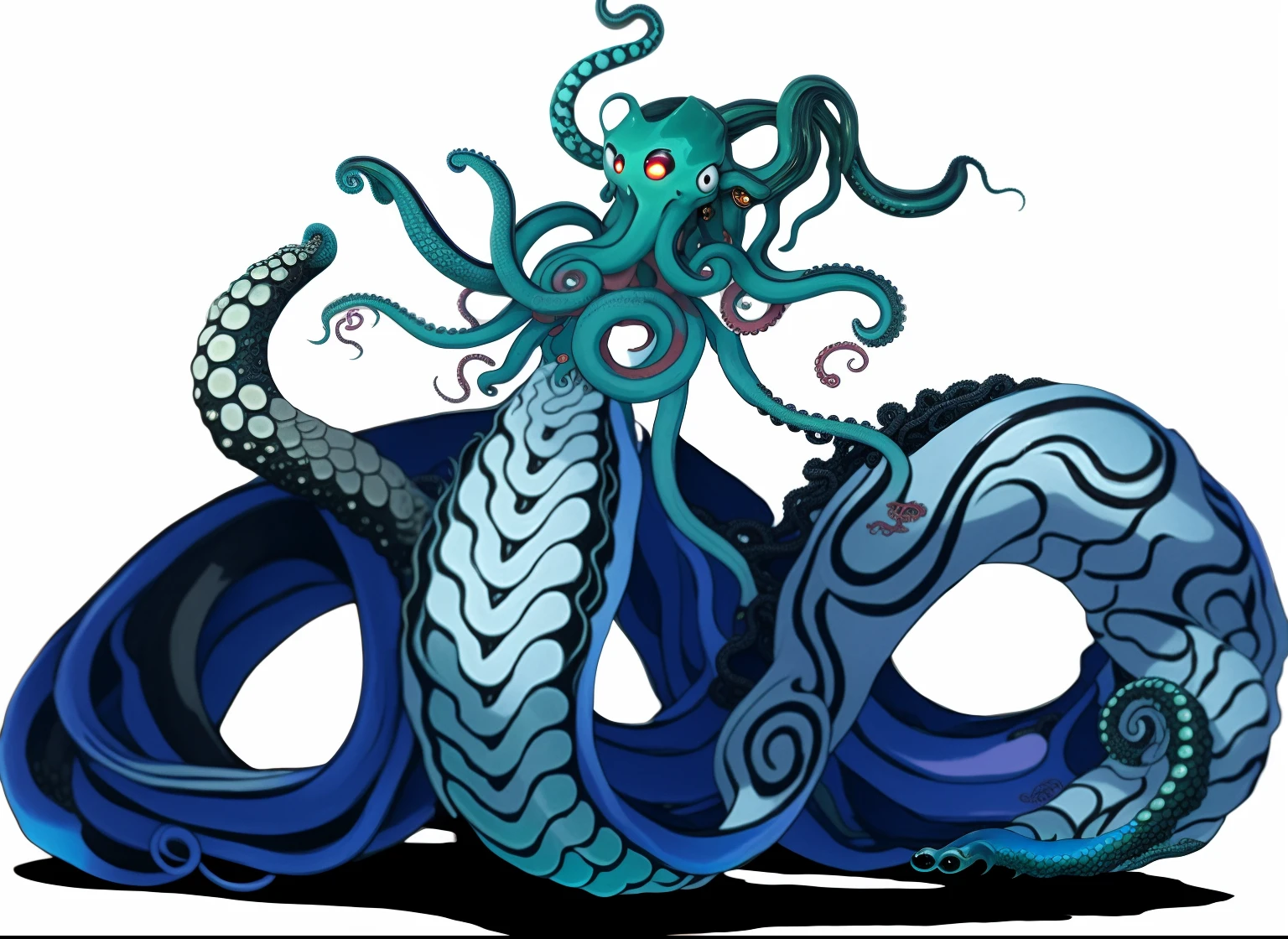 a close up of a cartoon character riding a motorcycle, octopus goddess, naga, lamia, cyberpunk medusa, tentacle monster, tentacle beast, serpentine water monster, tentacles around, mermaid cyborg with a laser whip, fine details. anime. tentacles, eldritch goddess, vivid tentacles, big long hell serpent octopus, twisted tentacles