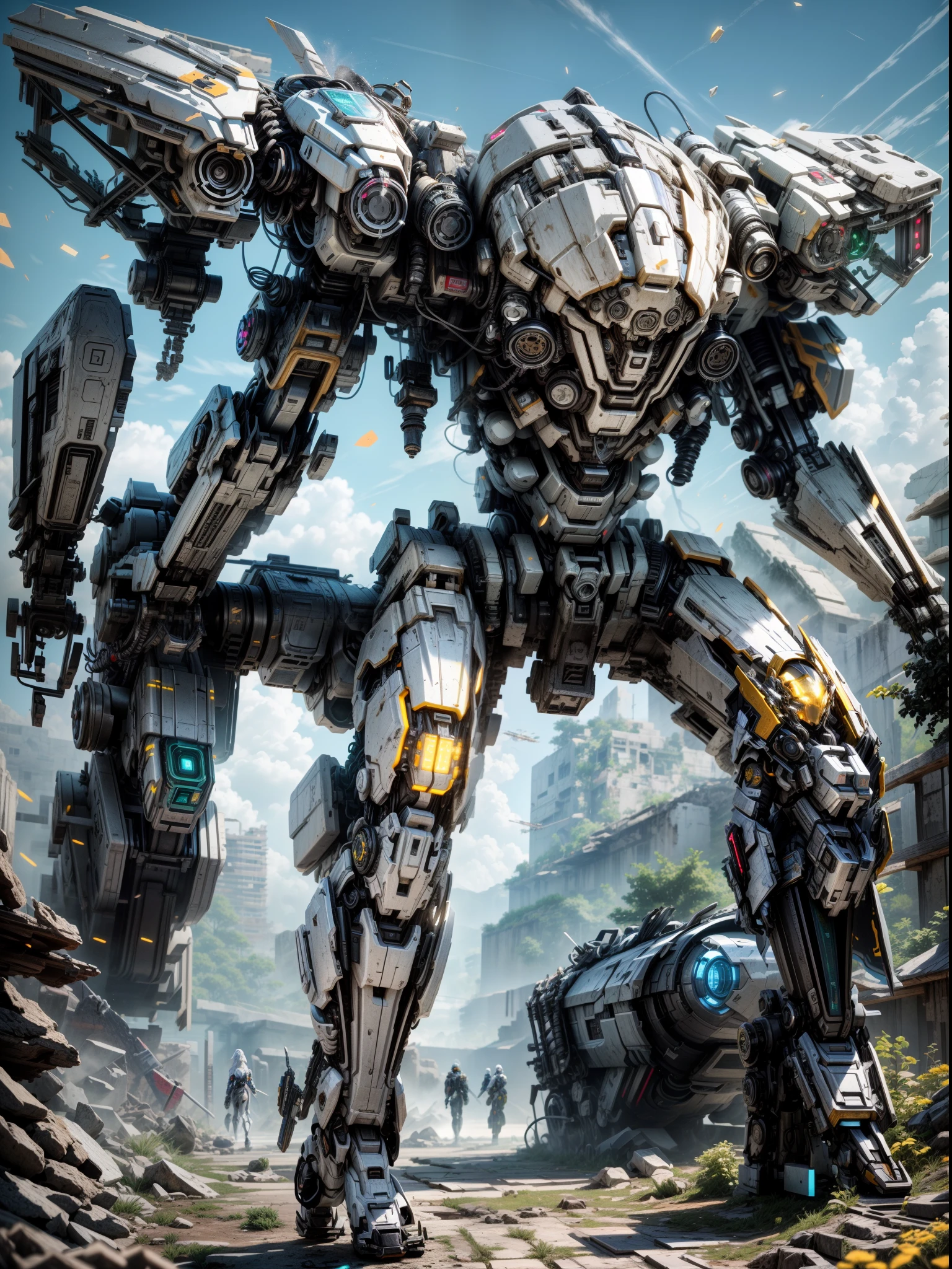 ((Best quality)), ((masterpiece)), (highly detailed:1.3), 3D,Shitu-mecha, beautiful cyberpunk women with her mecha in the ruins of city from a forgoten war, ancient technology,HDR (High Dynamic Range),Ray Tracing,NVIDIA RTX,Super-Resolution,Unreal 5,Subsurface scattering,PBR Texturing,Post-processing,Anisotropic Filtering,Depth-of-field,Maximum clarity and sharpness,Multi-layered textures,Albedo and Specular maps,Surface shading,Accurate simulation of light-material interaction,Perfect proportions,Octane Render,Two-tone lighting,Low ISO,White balance,Rule of thirds,Wide aperature,8K RAW,Efficient Sub-Pixel,sub-pixel convolution,luminescent particles,light scattering,Tyndall effect