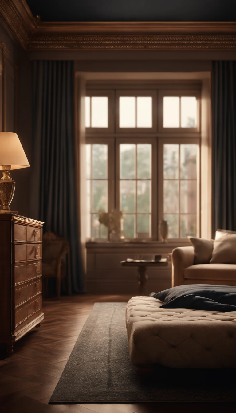 Masterpiece, high quality, best quality, authentic, super detail, interior,neoclassical bedroom, bed, wardrobe, curtains, Windows, modern ceiling,carpet,similar color tones,warm light,vray