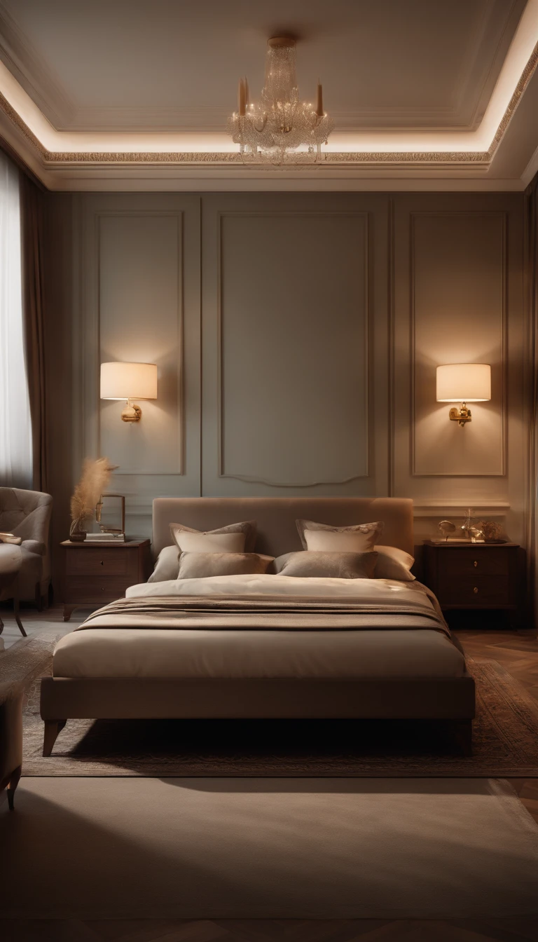 Masterpiece, high quality, best quality, authentic, super detail, interior,neoclassical bedroom, bed, wardrobe, curtains, Windows, modern ceiling,carpet,similar color tones,warm light,vray