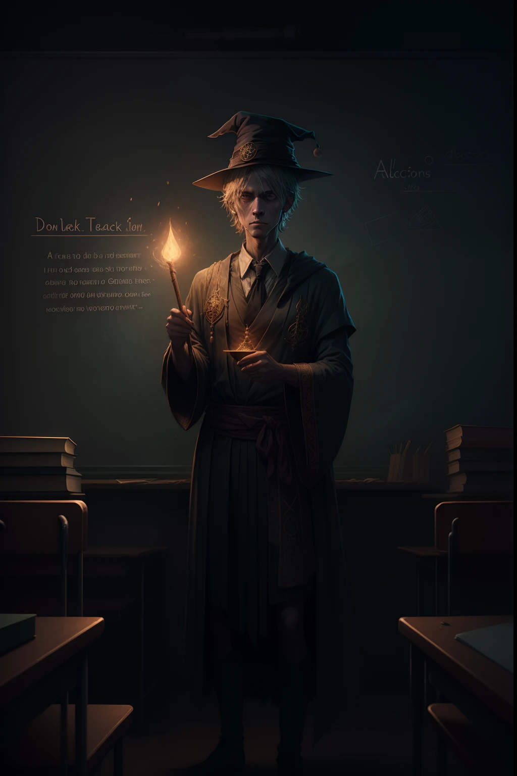 grunge man is dark-academia teacher and with teaching stick and wizard hat, runes, school emblem with robe, magic blackboard, in the dark school classroom, podium, desk, delicate detailed, dark and intricate, cg illustration is comical of concept art,