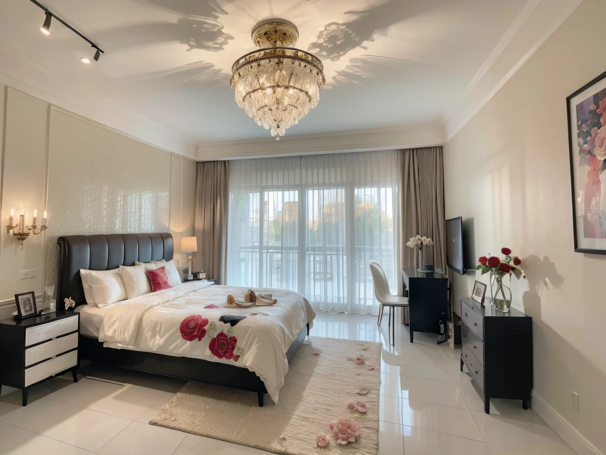 ,masterpiece, best quality,8k, ultra highres,In a gorgeous décor style,The bedroom becomes a showcase for exquisite works of art。On the high ceiling hangs a huge oil painting,The colorful flowers exude a charming fragrance in the shimmering light。On the bedside table are carefully carved crystal vases,Inside it are blooming red roses。The walls are inlaid with black glass,The shimmering light creates a mysterious and romantic atmosphere。A pair of sculptural figures stand at the end of the bed,They seem to be whispering vows of love。Every corner of this bedroom is a unique work of art,It's like being in a dreamy art world。