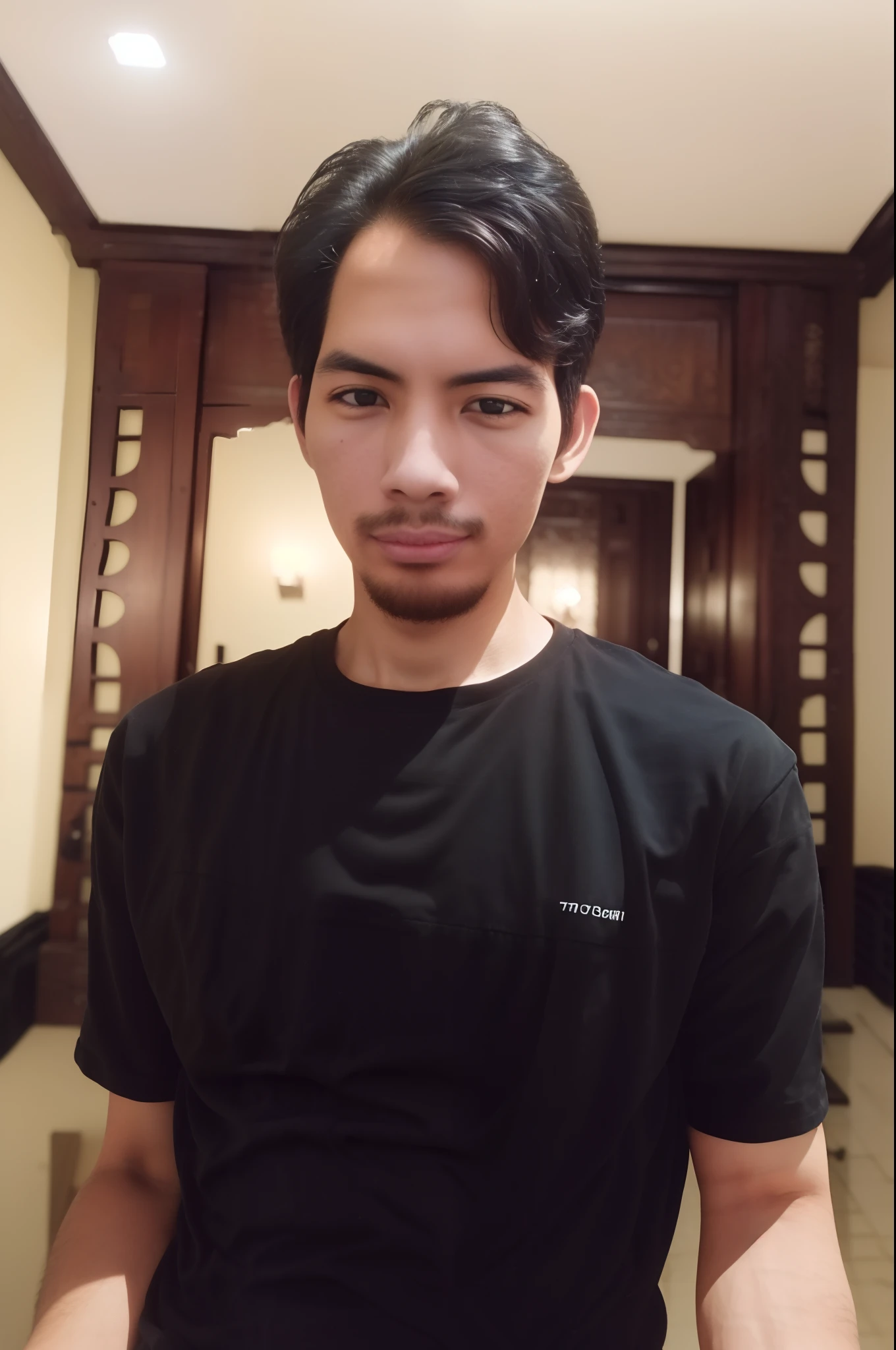(best quality, masterpiece:1.2),ultra-detailed,(realistic,photorealistic,photo-realistic:1.37), Male, 25 years old, long black t-shirt, little smile expression, standing in front of the dragon statue, close up , outdoor