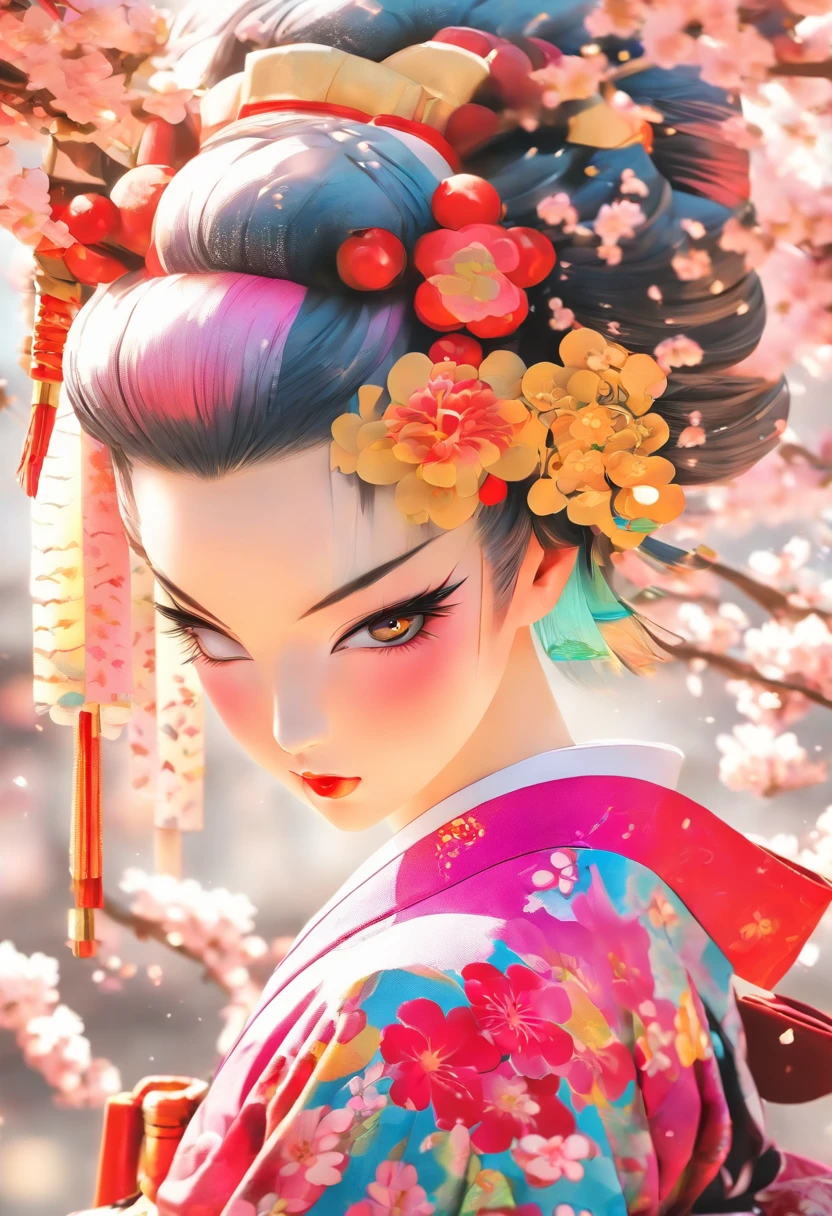 The most beautiful punk rock geisha, rainbow colored hair, yellow eyes, wearing a highly detailed kimono, tattoos and piercings, cherry blossoms blowing in the wind, Tokugawa castle, perfect masterpiece, high quality, high resolution