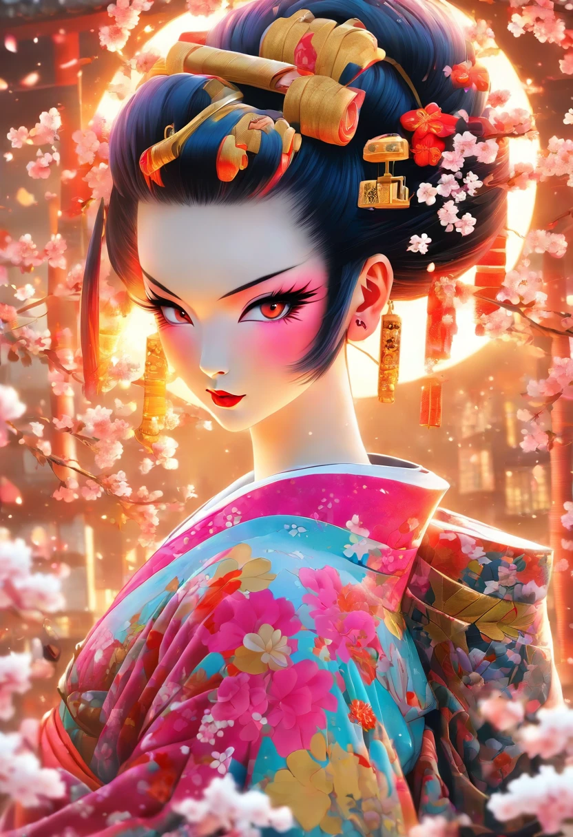 The most beautiful punk rock geisha, rainbow colored hair, yellow eyes, wearing a highly detailed kimono, tattoos and piercings, cherry blossoms blowing in the wind, Tokugawa castle, perfect masterpiece, high quality, high resolution