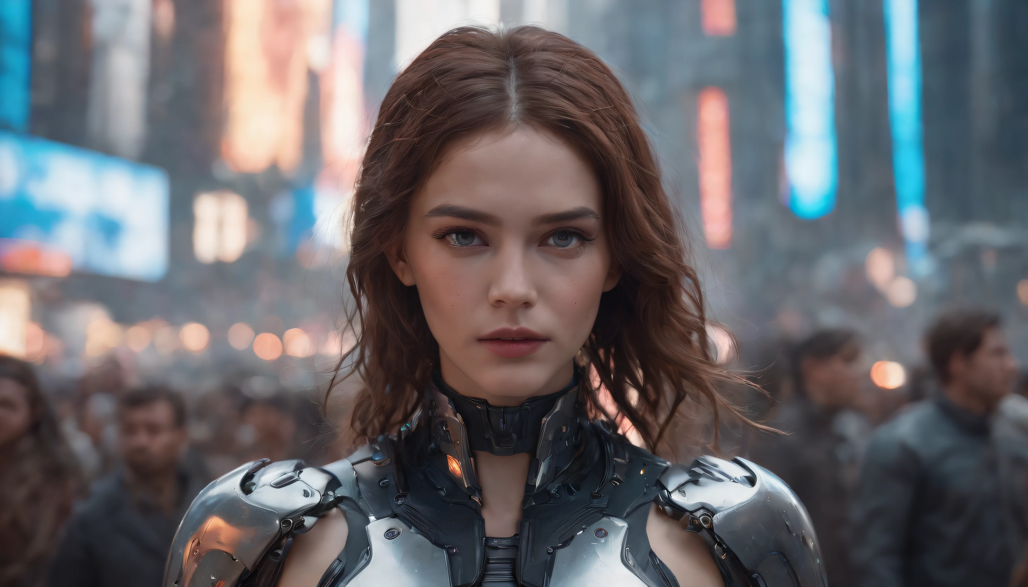 In a futuristic metropolis, Cyborg Girl, Her clothes were torn to shreds, Standing against the backdrop of towering holographic billboards, In a sea of bustling crowds, It shows the fusion of man and machine in the cyberpunk world, digital art, High-resolution rendering, beautiful , model, beautiful model, gun, Detailed clothes, detailed face, A detailed eye, Detailed eyes, wavy hair, messy hair, 8K UHD
