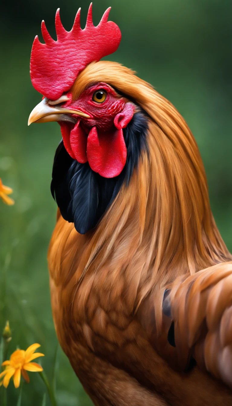 anthro rooster，The oil is smooth and shiny，shaggy，In the meadow，There are flowers，ornate hair，majestic-looking