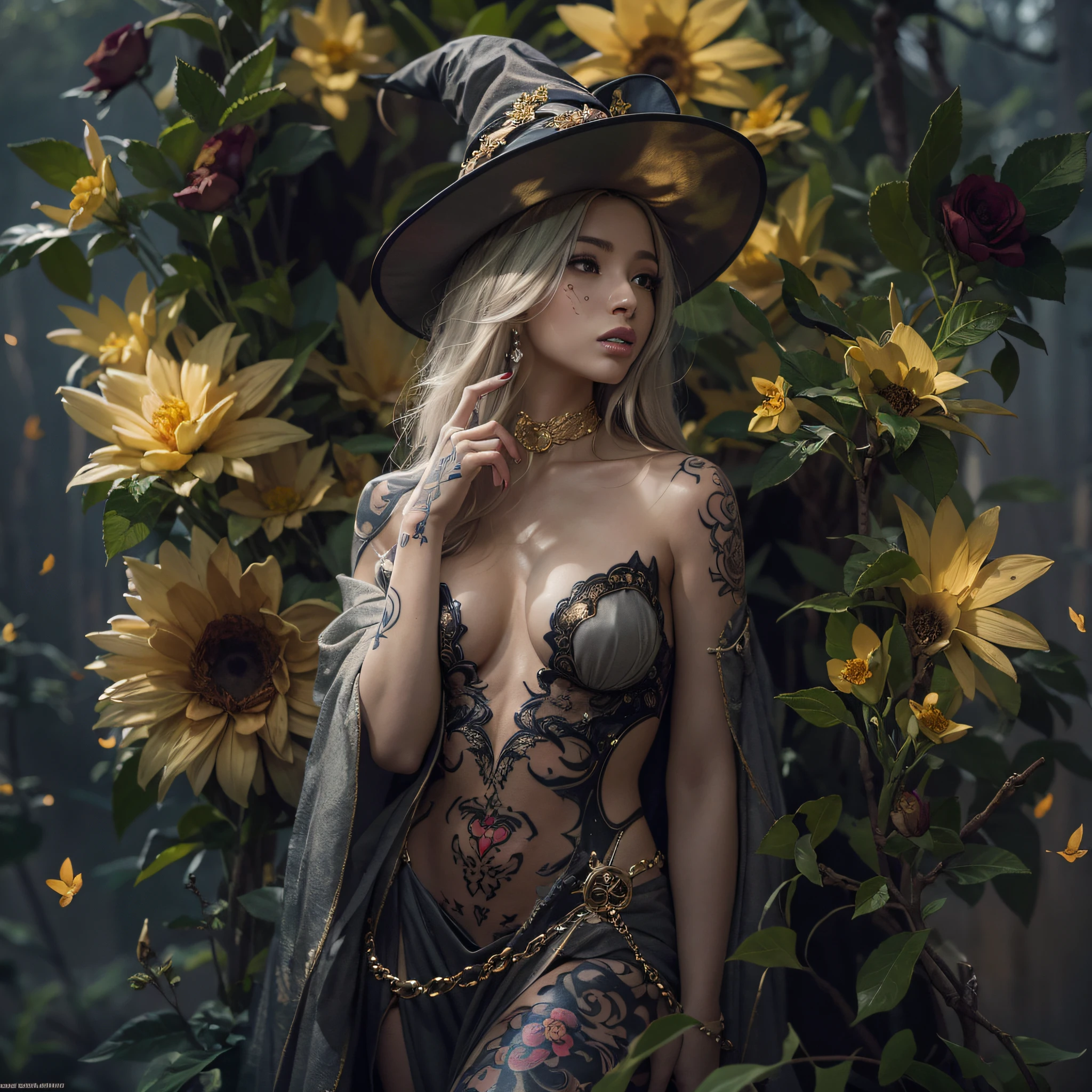 masutepiece, High resolution,Best Quality,High Definition, Perfect composition, Perfect face, Perfect body, Golden ratio, 8K,Beautiful flower garden,Fantastic world,Cinematic lighting,Mystical light,(Full body tattoo),silber hair,light skinned,Beautiful breasts,Witch,Navel,put index finger on mouth,From a short distance,Full body,