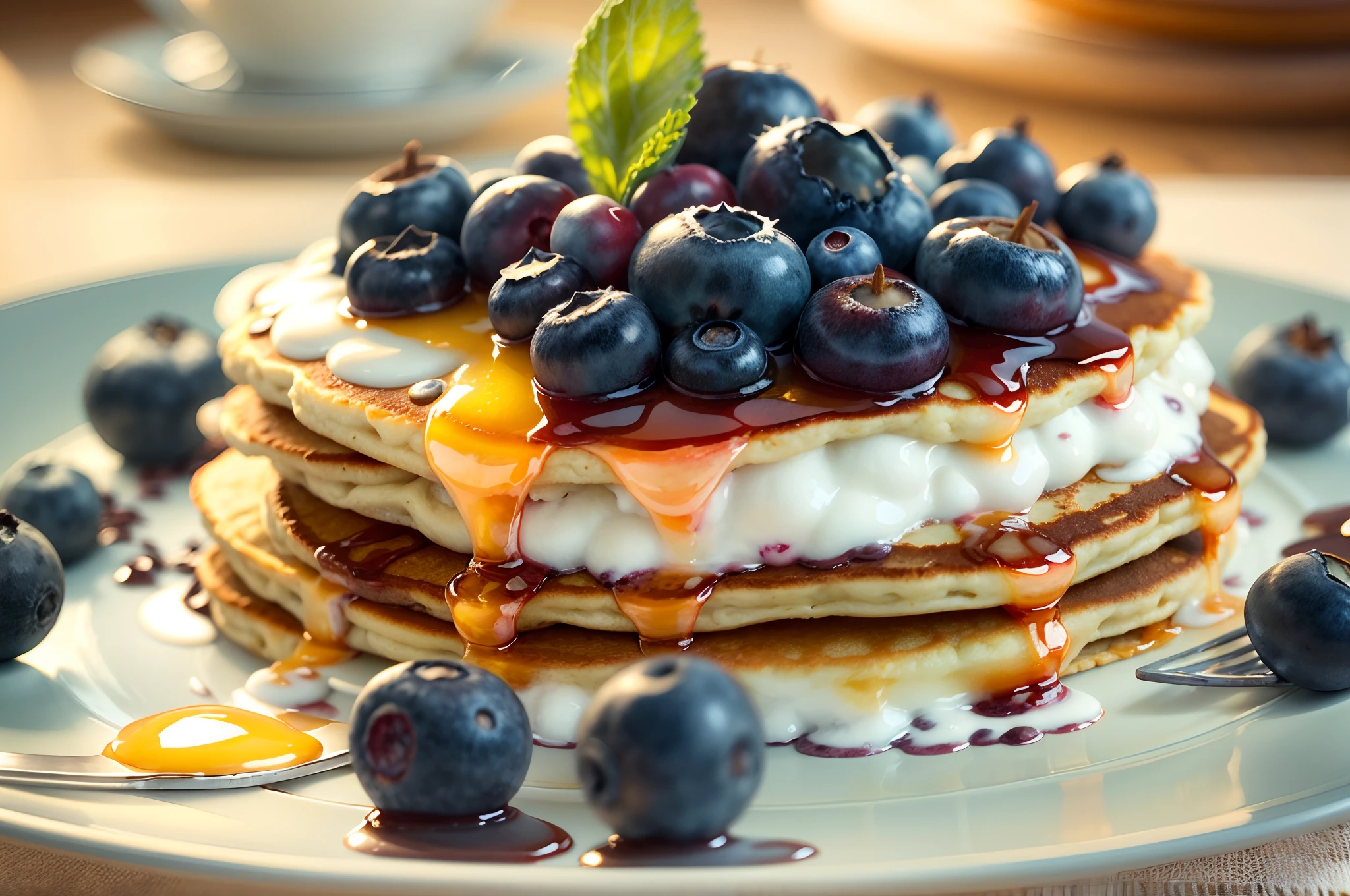 (gorgeous dish,flavorful plate,pancake,melting syrup,small cube of butter,fresh blueberries,side,small amount,white fluffy cream),(best quality,4k,8k,highres,masterpiece:1.2),ultra-detailed,(realistic,photorealistic,photo-realistic:1.37),delicious,appetizing,irresistible,tempting,sweet,toasted,golden brown,crispy,soft and fluffy,stacked,layered,hearty breakfast,indulgent treat,scrumptious,
delicate,moist,served on a vibrant plate,rich color contrast,delicious smell and taste,pleasing texture,beautifully garnished,meticulous attention to detail,perfectly cooked pancake,
freshly made syrup,aromatic butter,juicy blueberries,fresh cream,whipped cream,decorative presentation,colorful combination,artistic arrangement,visual appeal,enticing,inviting,
morning sunshine lighting,soft shadows,cozy atmosphere,warm and welcoming,comforting experience,impressive culinary masterpiece