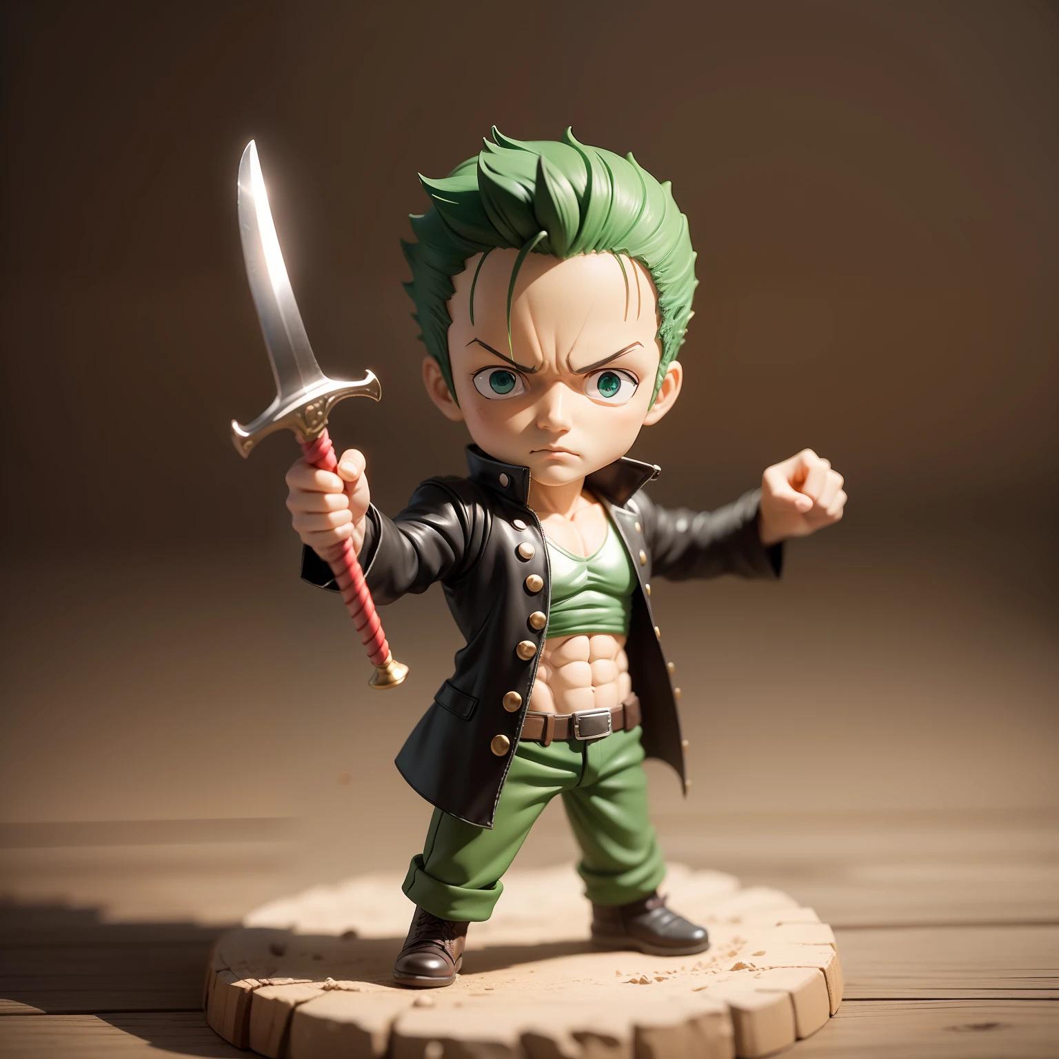 Roronoa zoro, one piece anime in chibi action figure clay, perfect clay modeling, swords at hands, battle pose, masterpiece,