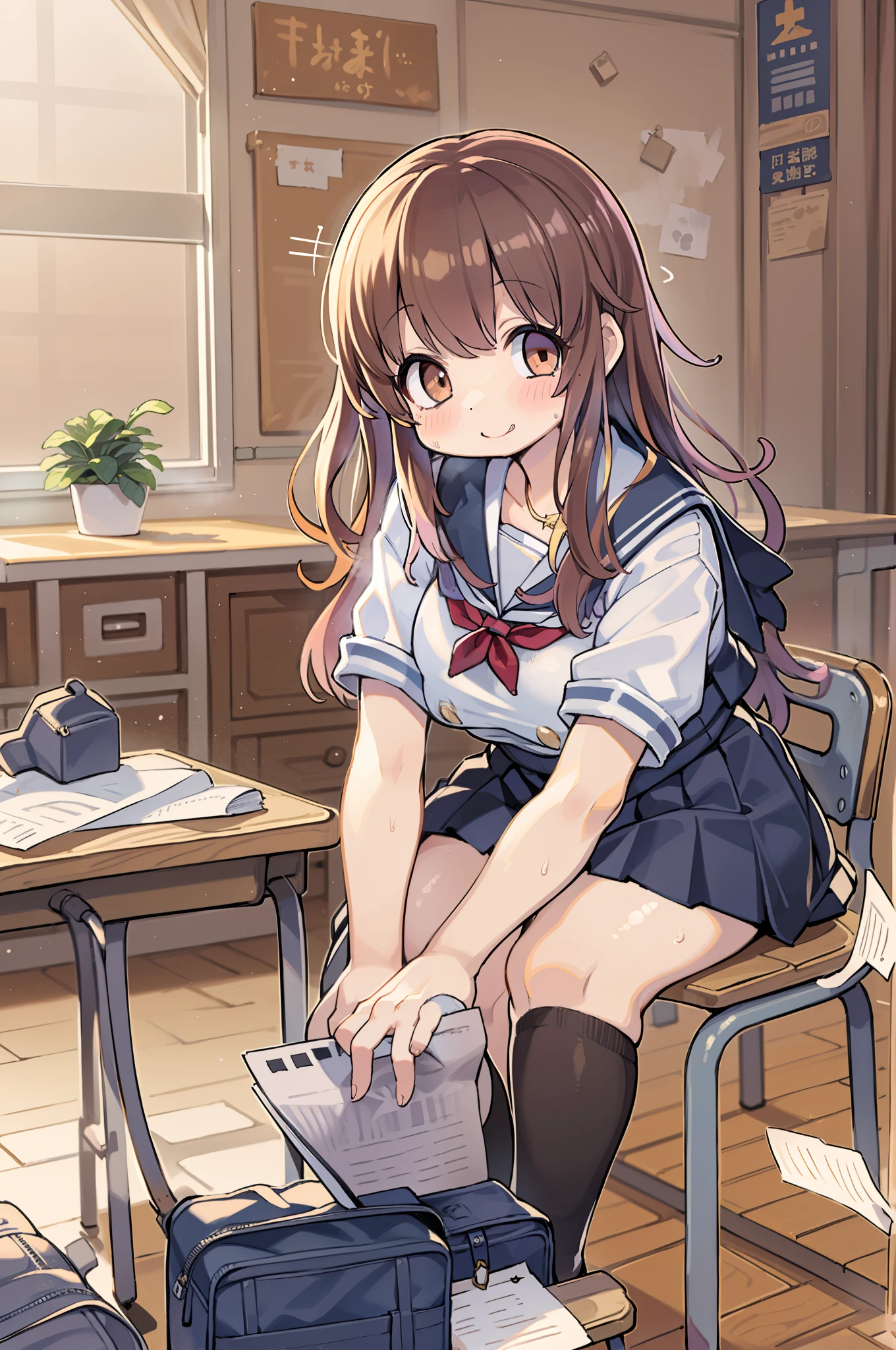 ((masutepiece, Best Quality)),Best aesthetic,1girl in, School uniform, desk work, Sitting, School Desk, Brown hair, crass room, Long hair, Indoors, Chair, Looking at Viewer, :P, Solo Focus, Brown eyes, Skirt, Long sleeves, Pencil, 1 boy, pencil case, paper, black serafuku, Multiple girls, Pleated skirt, Sailor collar, Bangs, head rest, School bag, school chair,huge-breasted、bbw、thick thight、big butts、Ultramammy