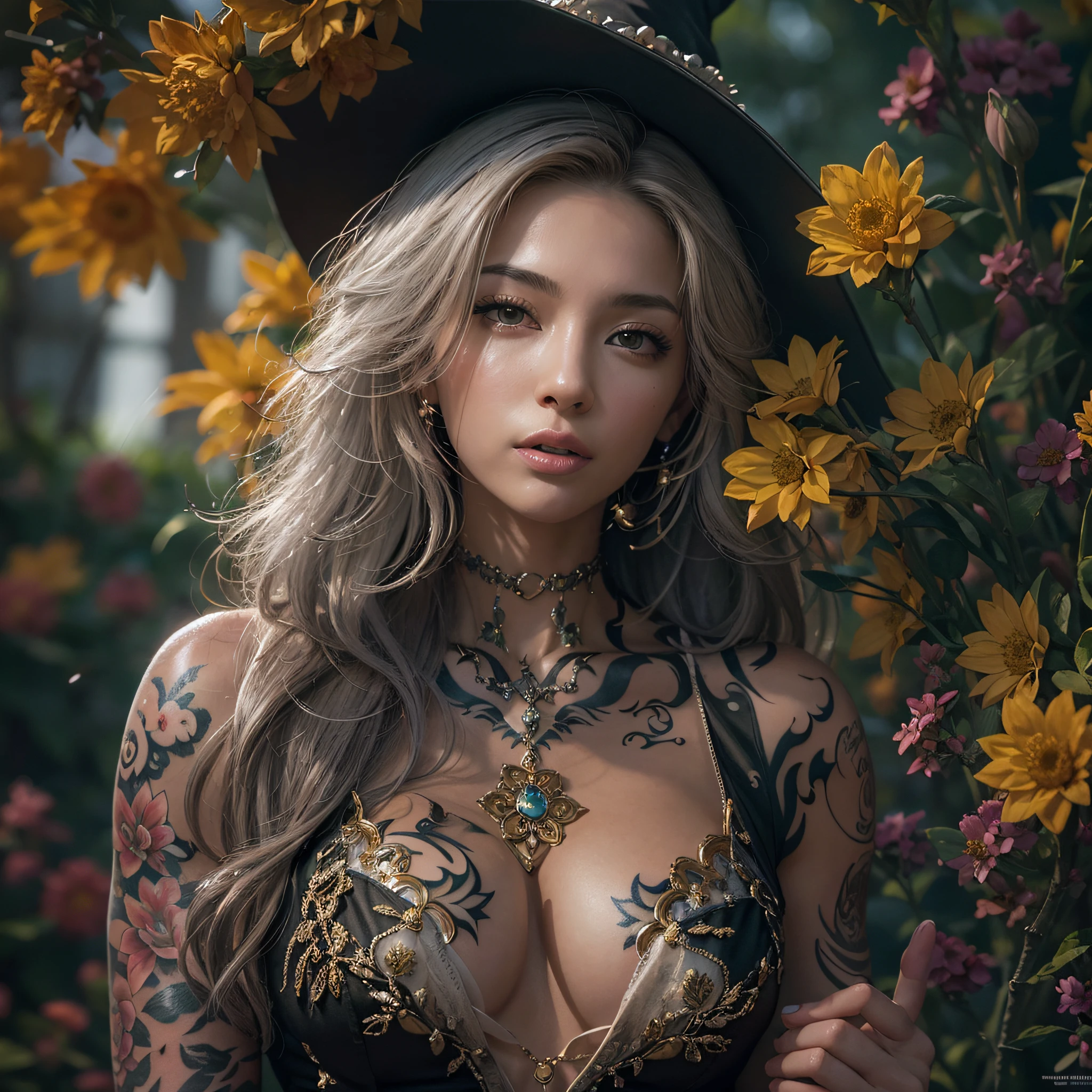 masutepiece, High resolution，Best Quality，High Definition, Perfect composition, Perfect face, Perfect body, Golden ratio, 8K，Beautiful flower garden，Fantastic world，Cinematic lighting，Mystical light，(Full body tattoo)，silber hair，light skinned，Beautiful breasts，Witch，Navel，put index finger on mouth，From a short distance，Full body，