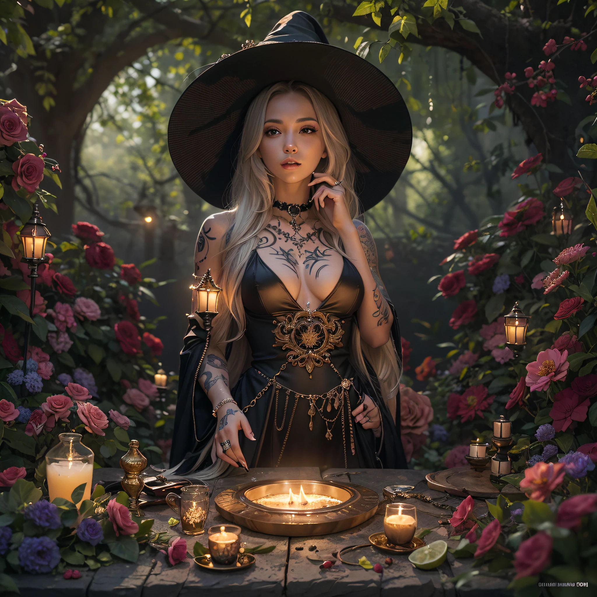masutepiece, High resolution，Best Quality，High Definition, Perfect composition, Perfect face, Perfect body, Golden ratio, 8K，Beautiful flower garden，Fantastic world，Cinematic lighting，Mystical light，(Full body tattoo)，silber hair，light skinned，Beautiful breasts，Witch，Navel，put index finger on mouth，From a short distance，Full body，