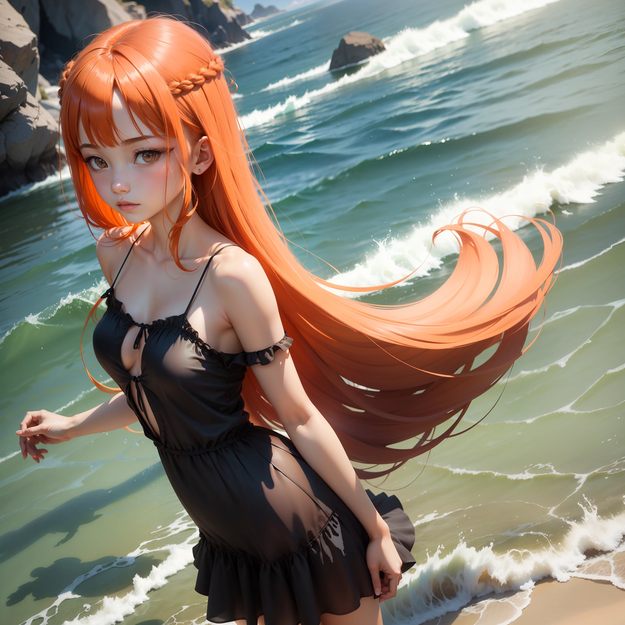 (masutepiece, Best Quality), ((1girl in, Solo, Long hair)), Ishmael_limbus, Innocent expression, Bare arms, Bare shoulders, barechested, watercolor paiting, sundress, liquid clothes, Water, vague, Water Dress, Blue_theme, Night, myst, Dark, Sharp Focus, On the beach, See-through dress, Orange hair