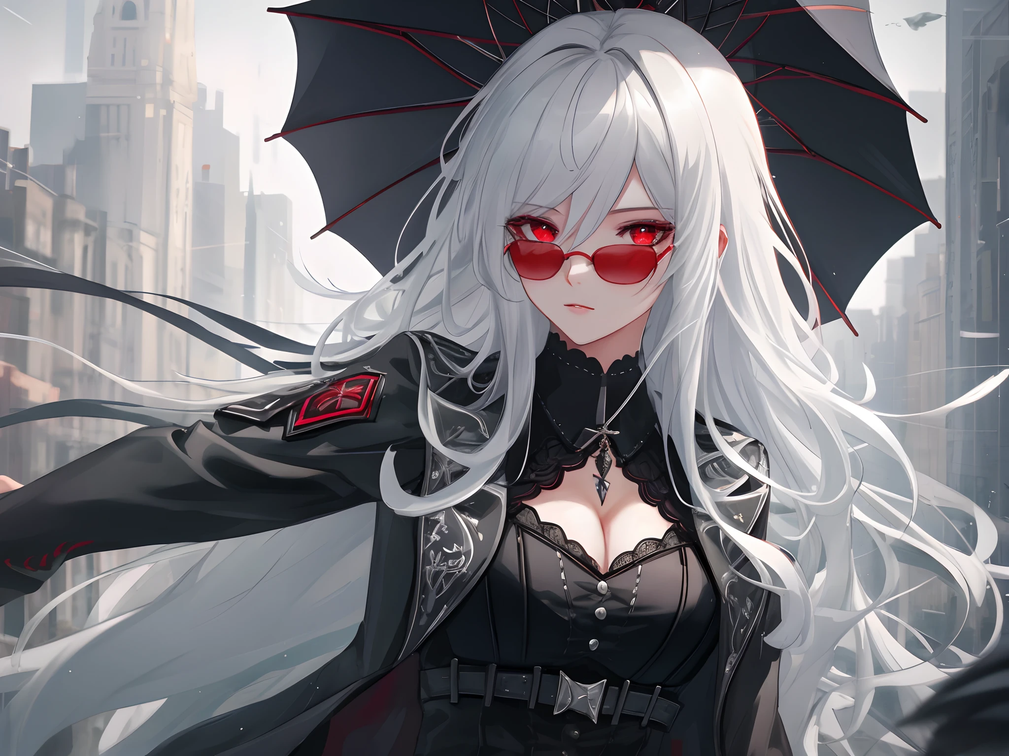 tmasterpiece, best qualtiy, extremely detaile, cinematic lightning, intricately details, A high resolution, offcial art, Fine beautiful face and eyes, high-resolution illustrations, 8k, depth of fields, bokeh, 独奏, 1girl, A girl with white hair and red eyes, Long white hair, sun glasses, beautiful red eye, lindo cenario, rainy city, full bodyesbian, looking at viewert, closeup cleavage